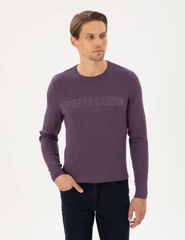 Mor Slim Fit Bisiklet Yaka Yün Karışımlı Triko Kazak