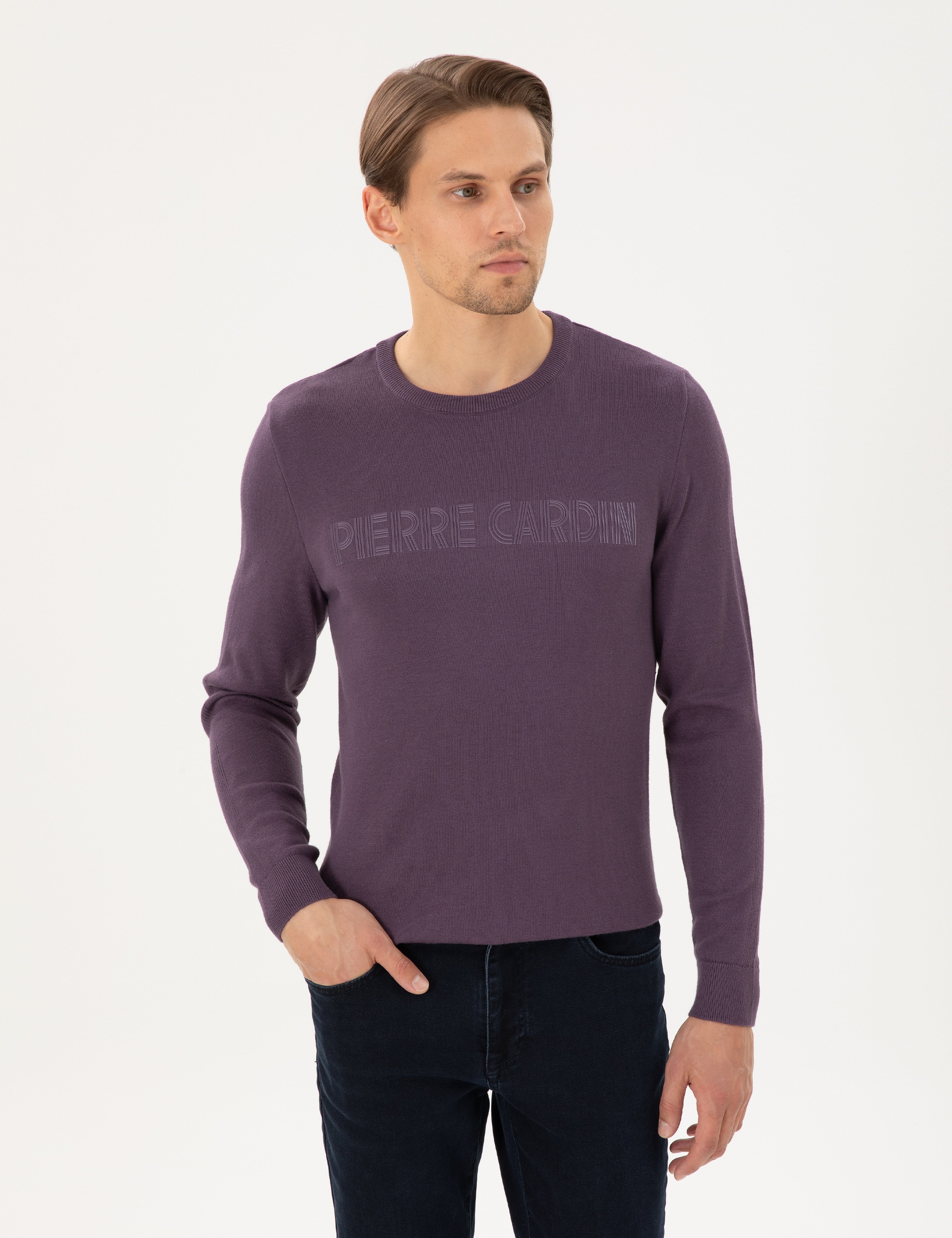 Mor Slim Fit Bisiklet Yaka Yün Karışımlı Triko Kazak - Image 1