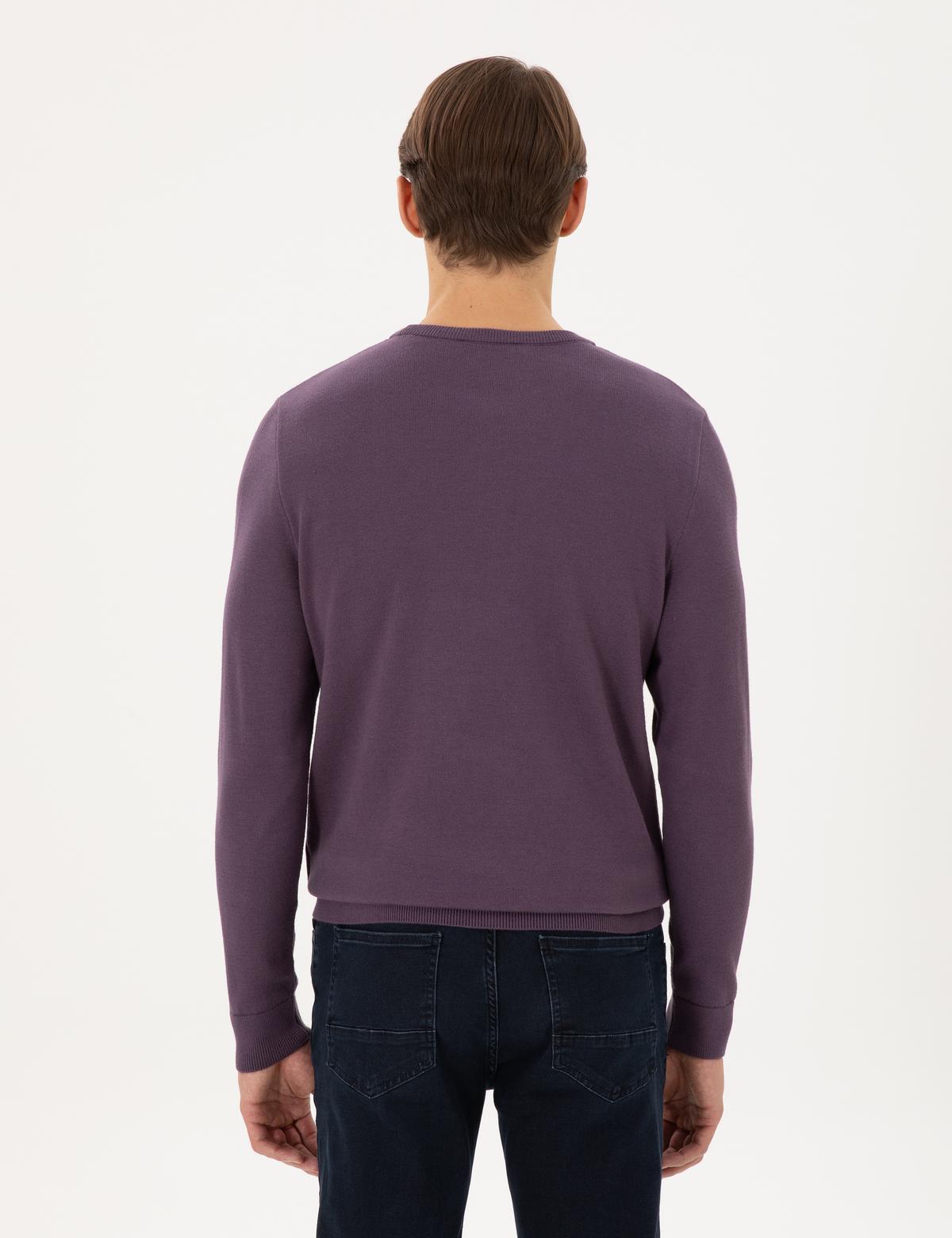 Mor Slim Fit Bisiklet Yaka Yün Karışımlı Triko Kazak - 50296419001