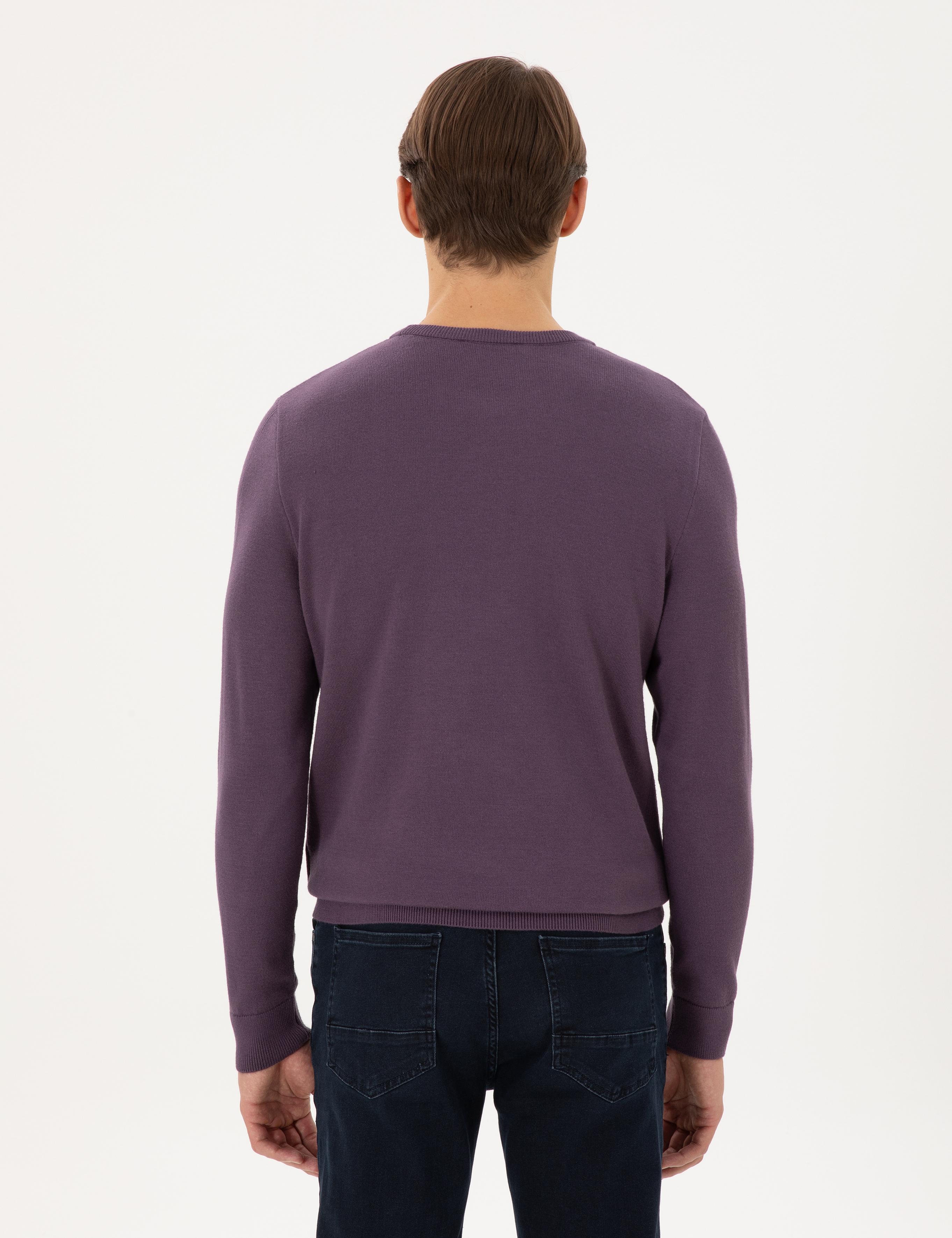 Mor Slim Fit Bisiklet Yaka Yün Karışımlı Triko Kazak