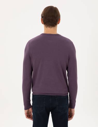 Mor Slim Fit Bisiklet Yaka Yün Karışımlı Triko Kazak