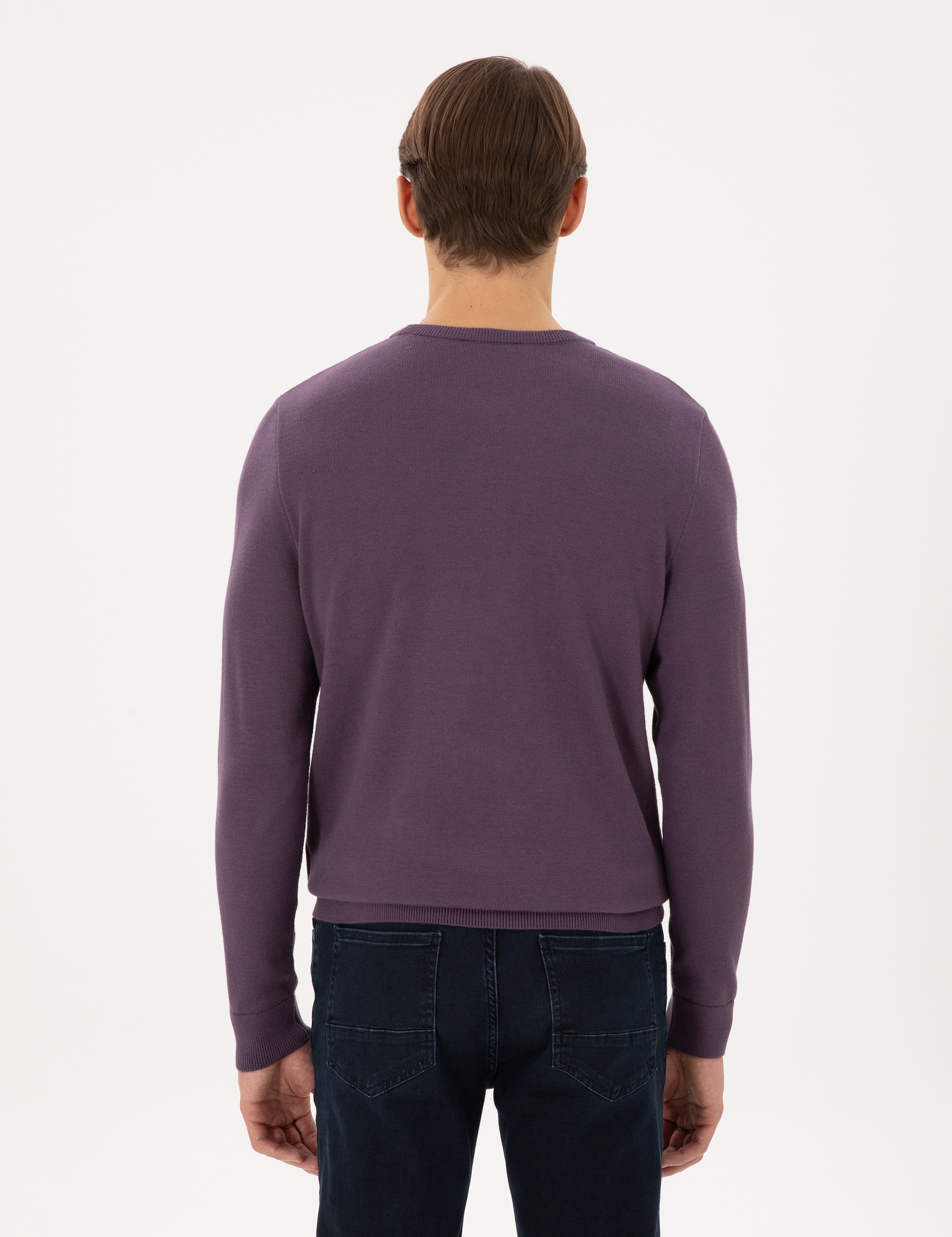 Mor Slim Fit Bisiklet Yaka Yün Karışımlı Triko Kazak - Image 5