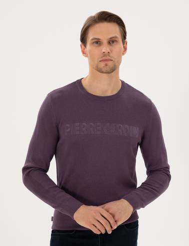 Mor Slim Fit Bisiklet Yaka Yün Karışımlı Triko Kazak