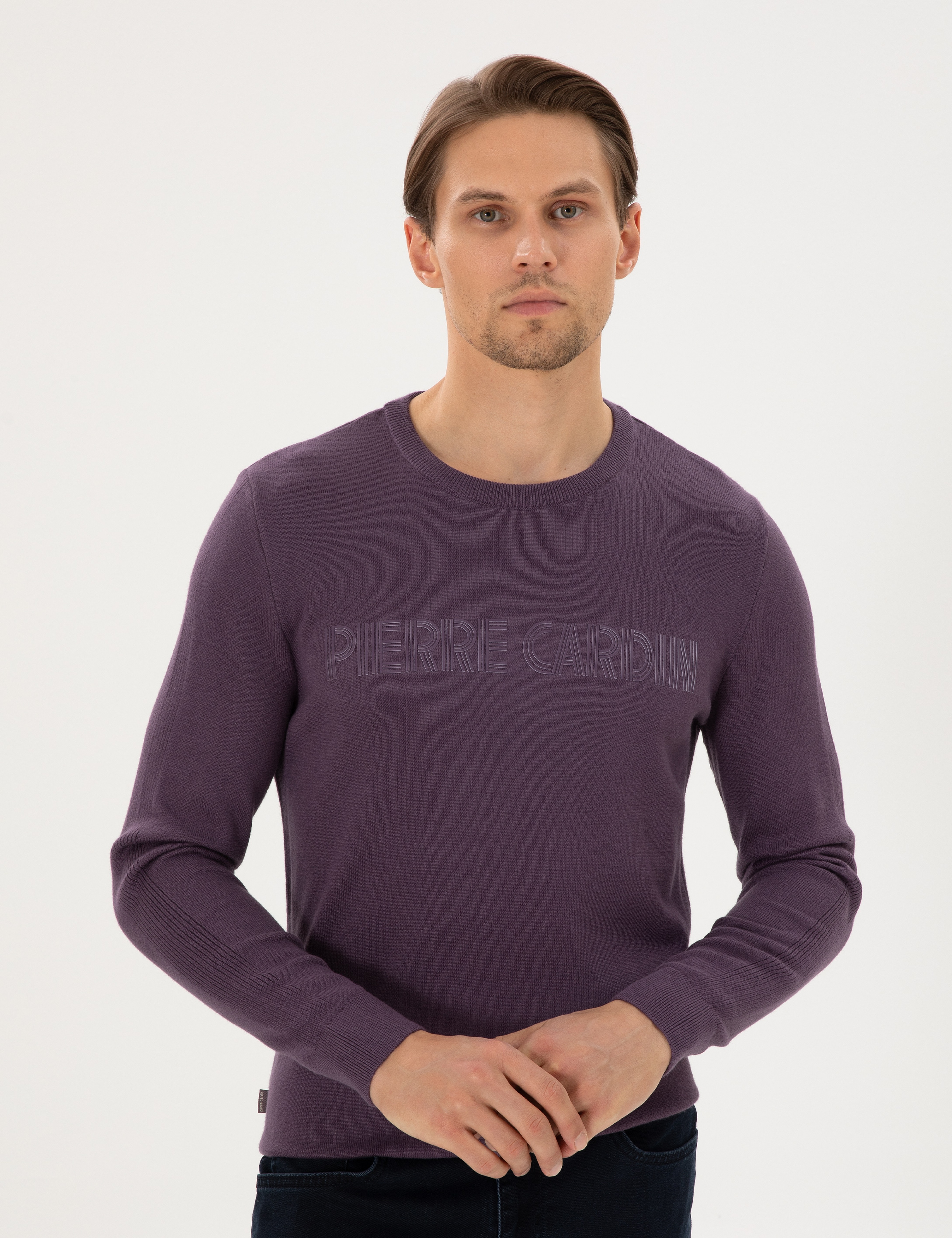 Mor Slim Fit Bisiklet Yaka Yün Karışımlı Triko Kazak - Image 3