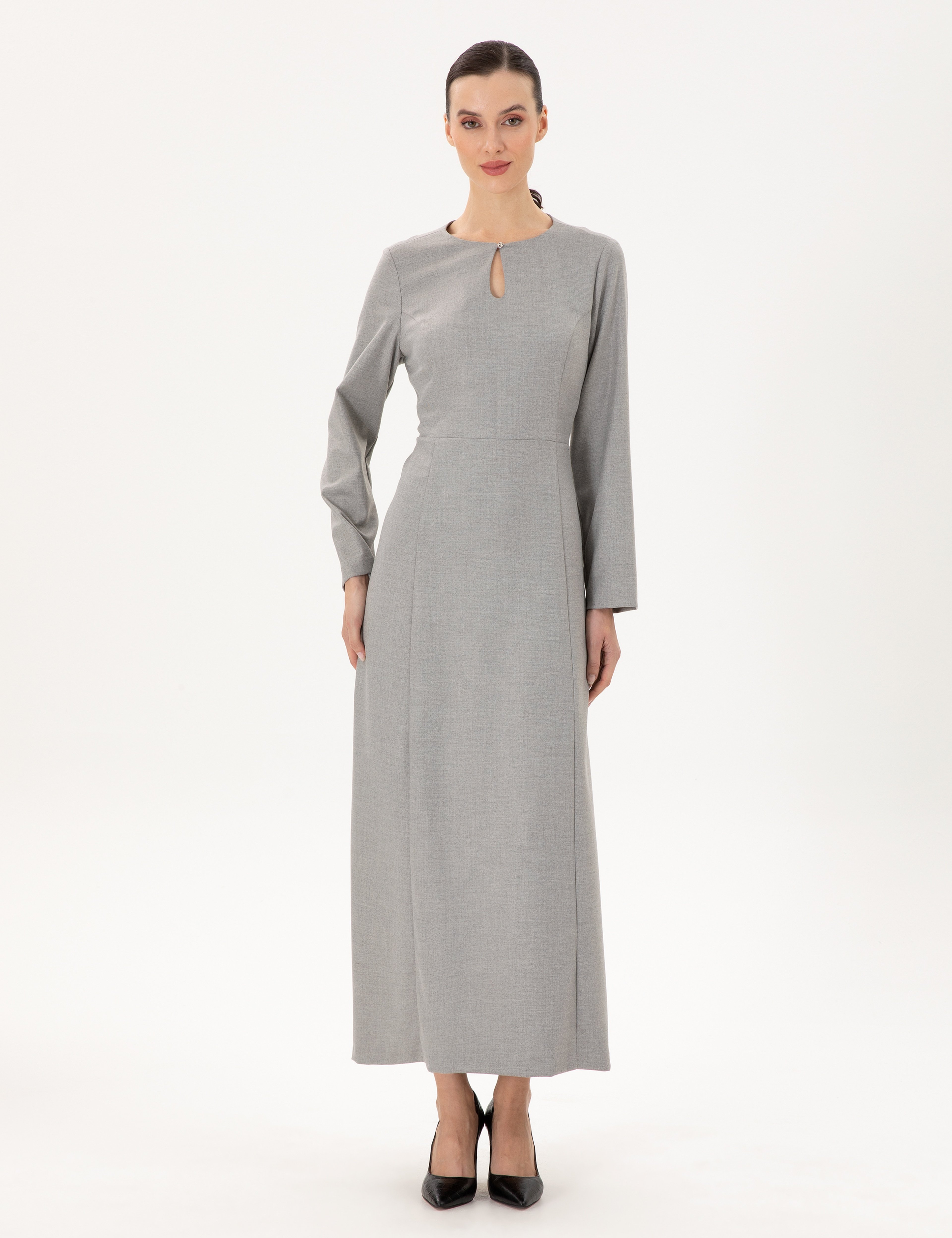 Açık Gri Regular Fit Dokuma Elbise - Image 3