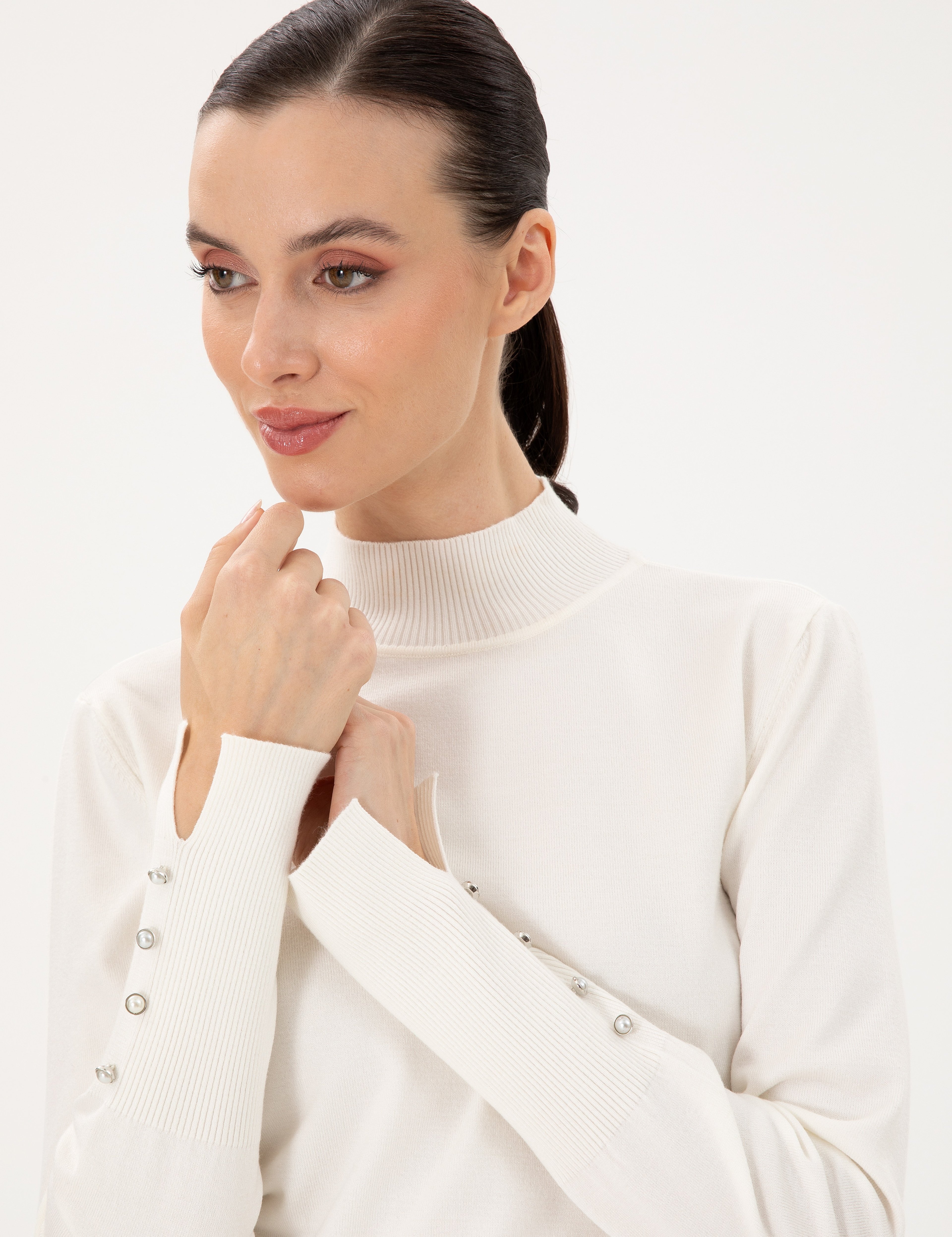 Ekru Slim Fit Yarım Balıkçı Basic Kazak - Image 2