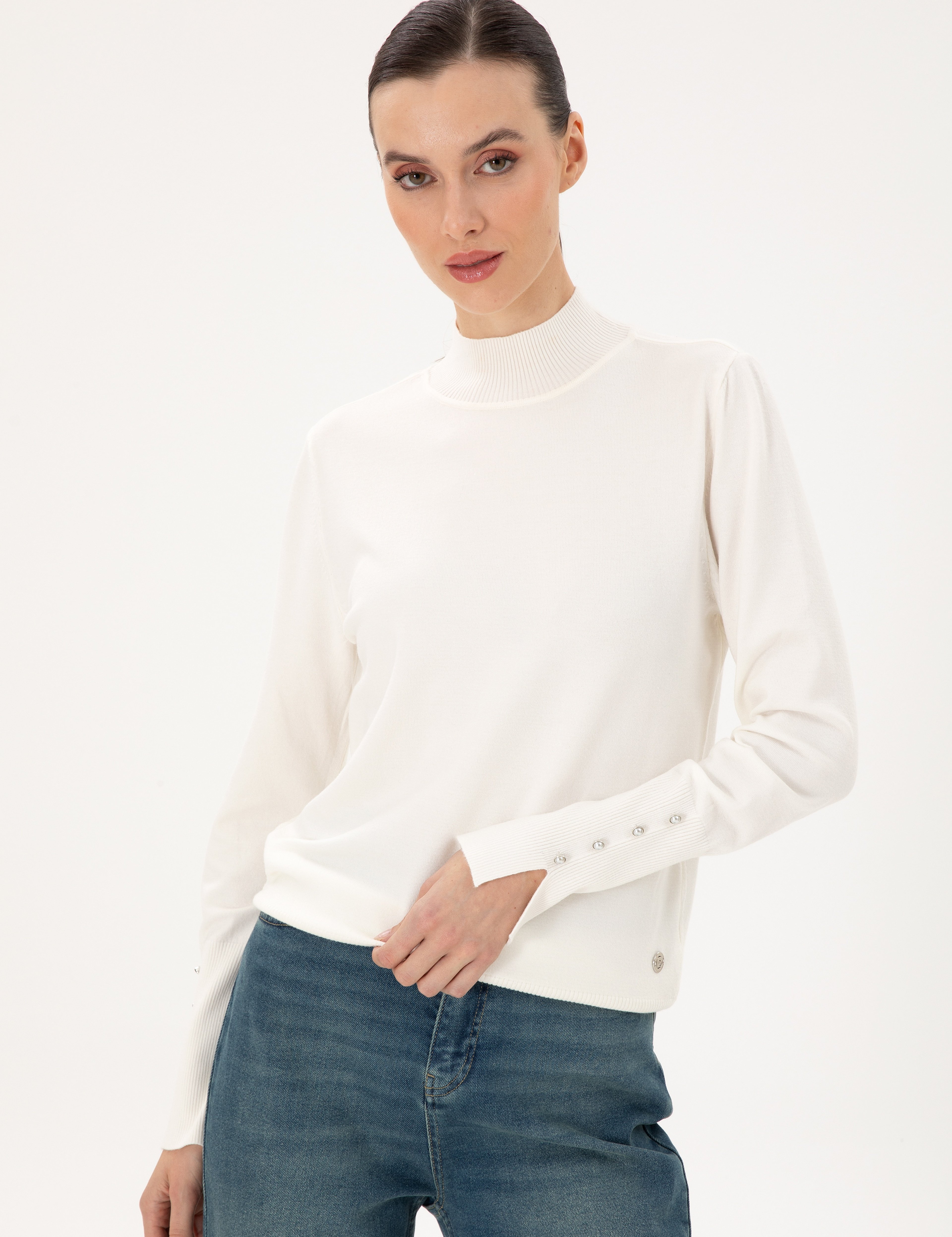 Ekru Slim Fit Yarım Balıkçı Basic Kazak - Image 3