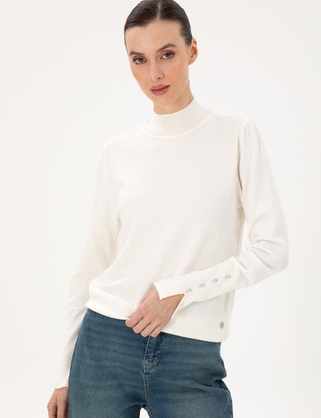 Ekru Slim Fit Yarım Balıkçı Basic Kazak - 50290578021