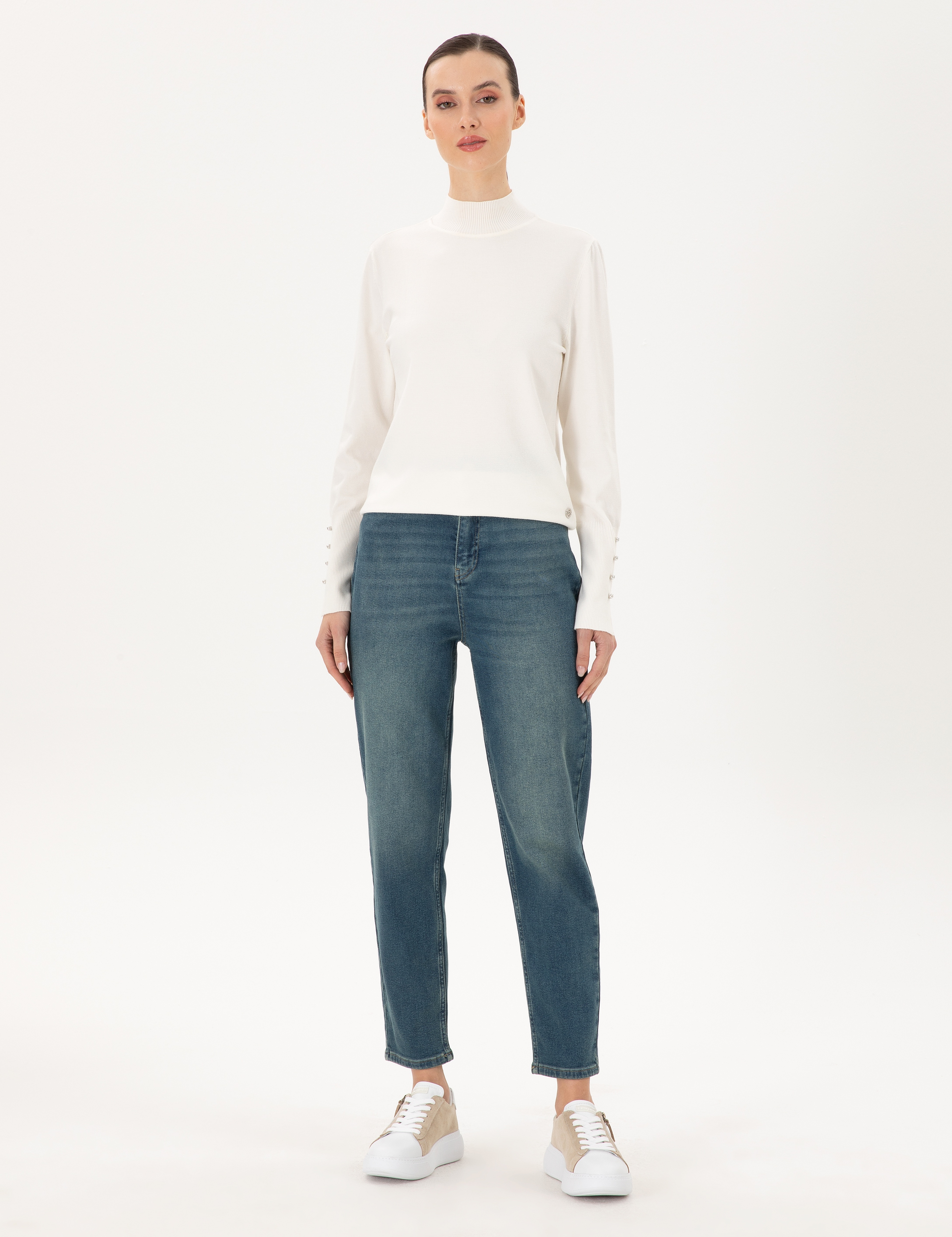 Ekru Slim Fit Yarım Balıkçı Basic Kazak - Image 4