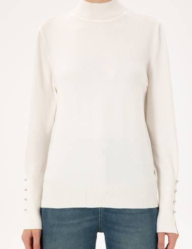 Ekru Slim Fit Yarım Balıkçı Basic Kazak