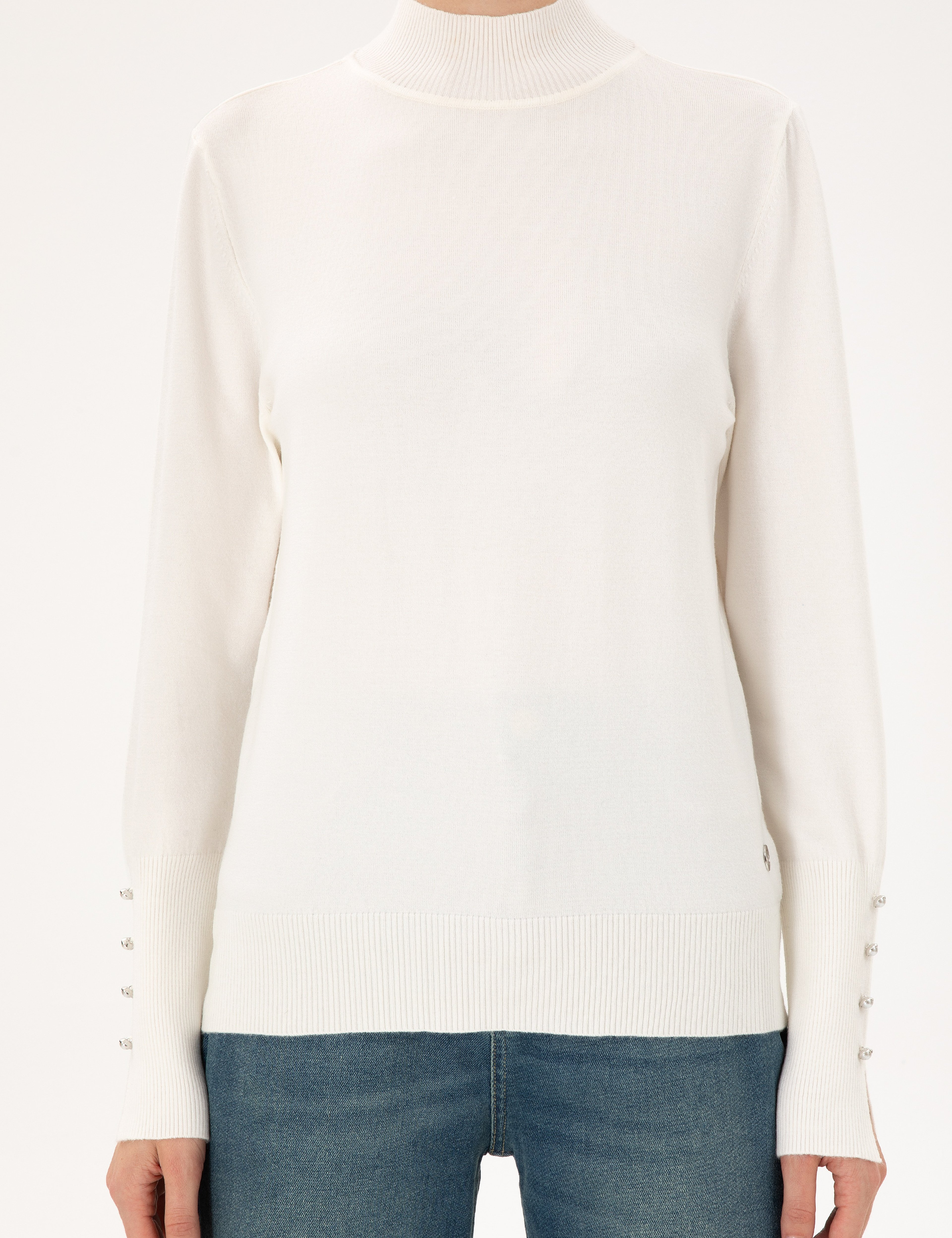 Ekru Slim Fit Yarım Balıkçı Basic Kazak - Image 6