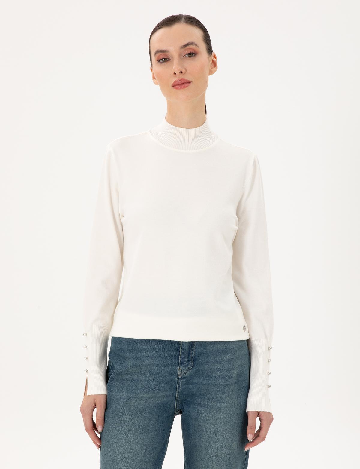 Ekru Slim Fit Yarım Balıkçı Basic Kazak