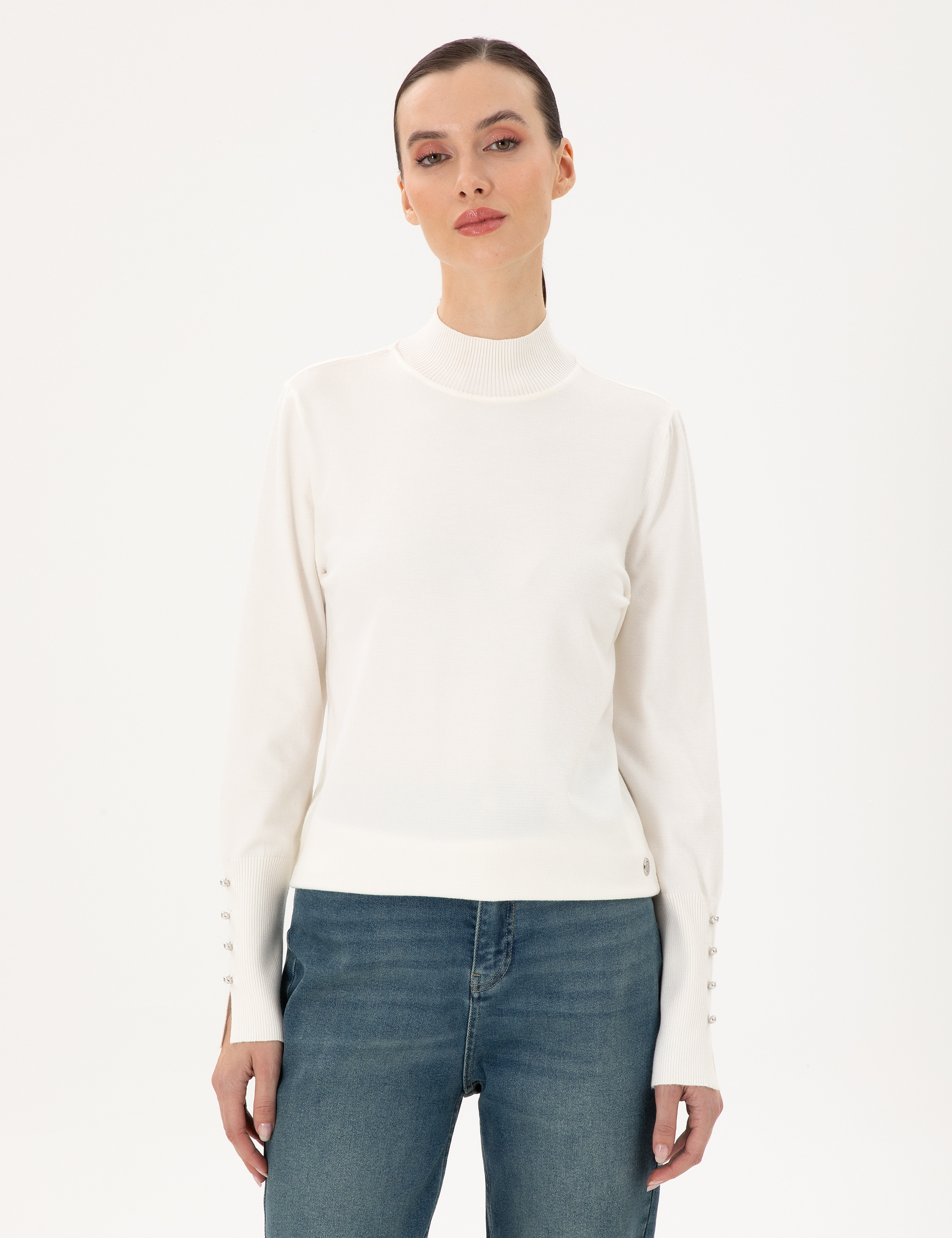 Ekru Slim Fit Yarım Balıkçı Basic Kazak - Image 1