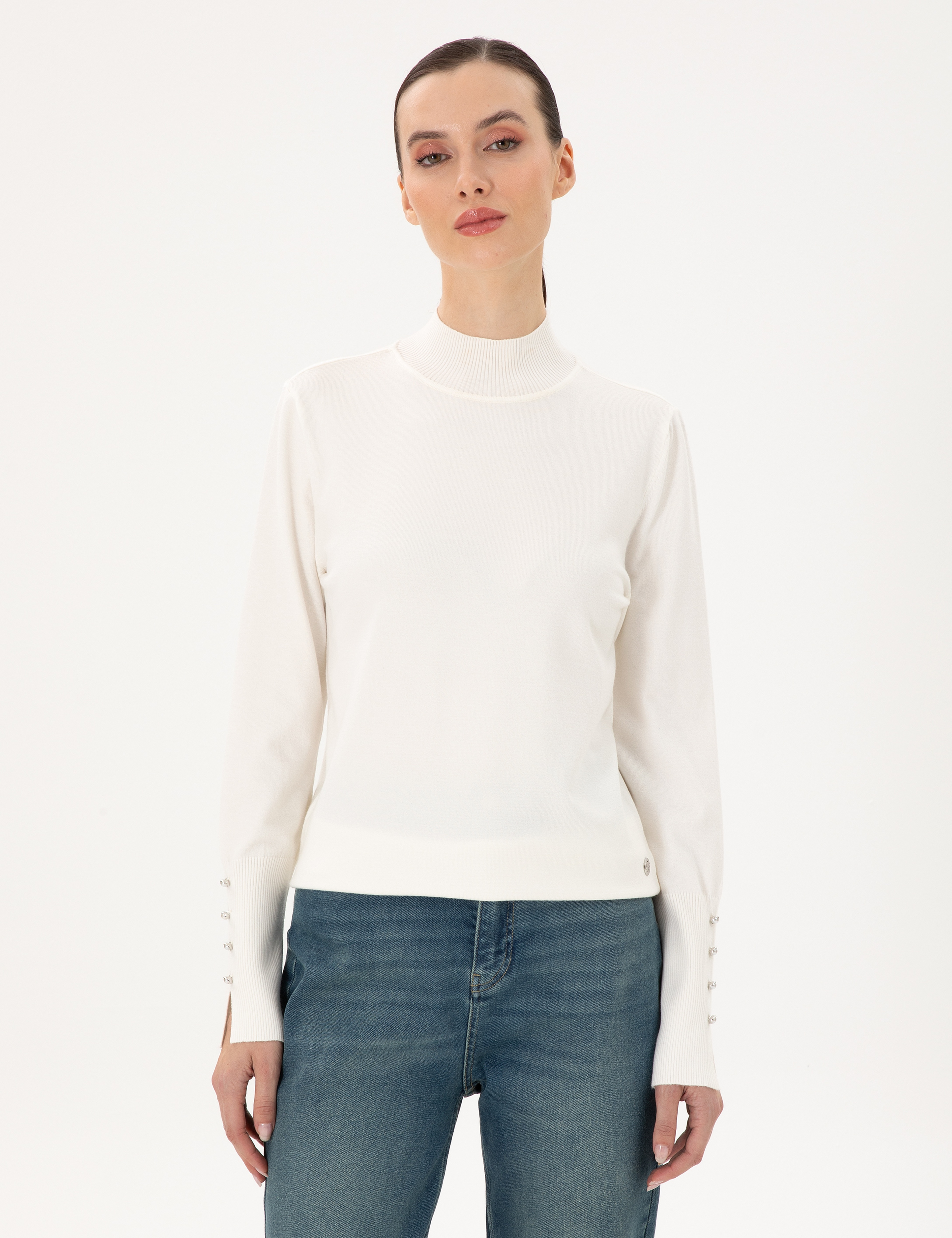 Ekru Slim Fit Yarım Balıkçı Basic Kazak