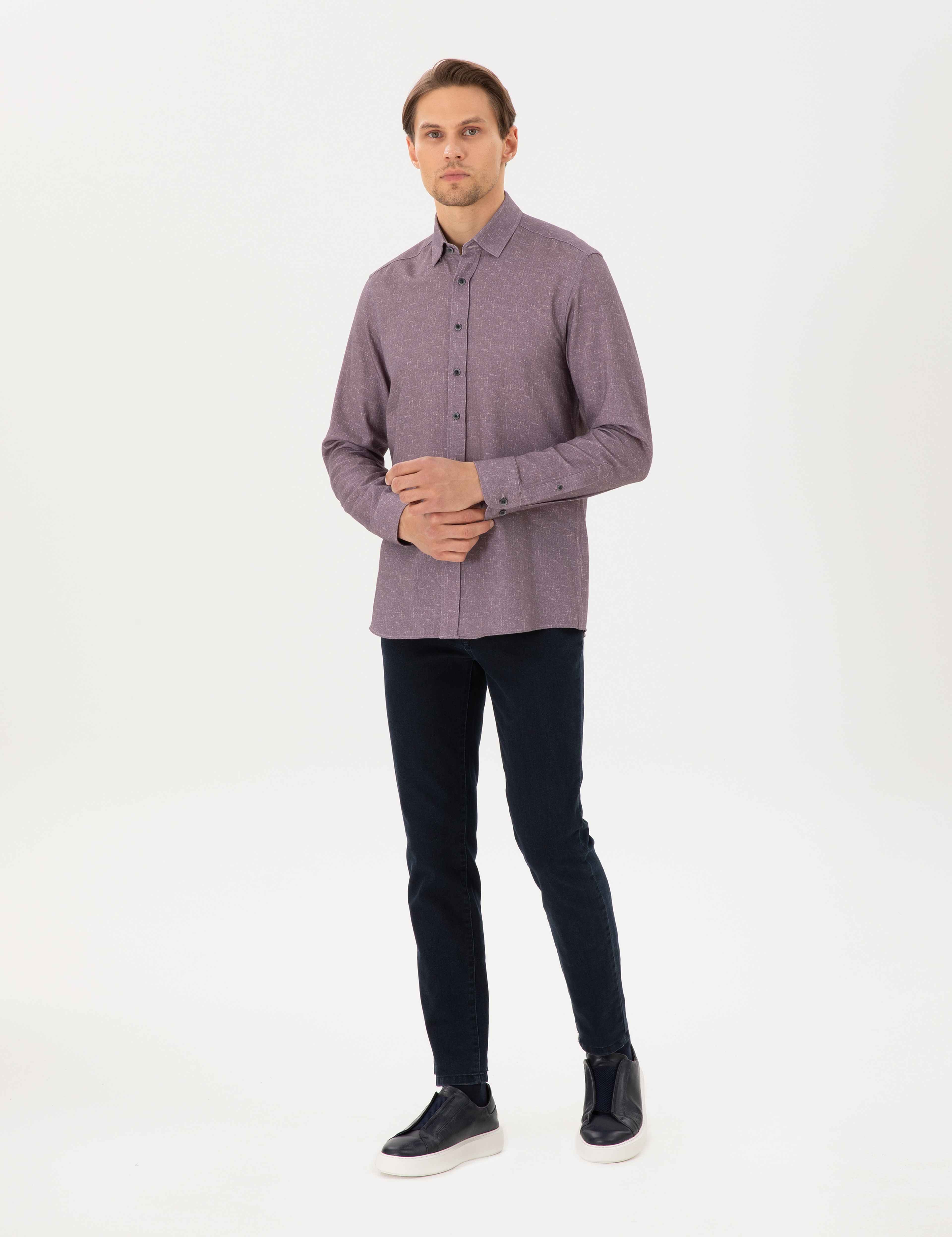 Mor Slim Fit Uzun Kollu Gömlek - Image 4