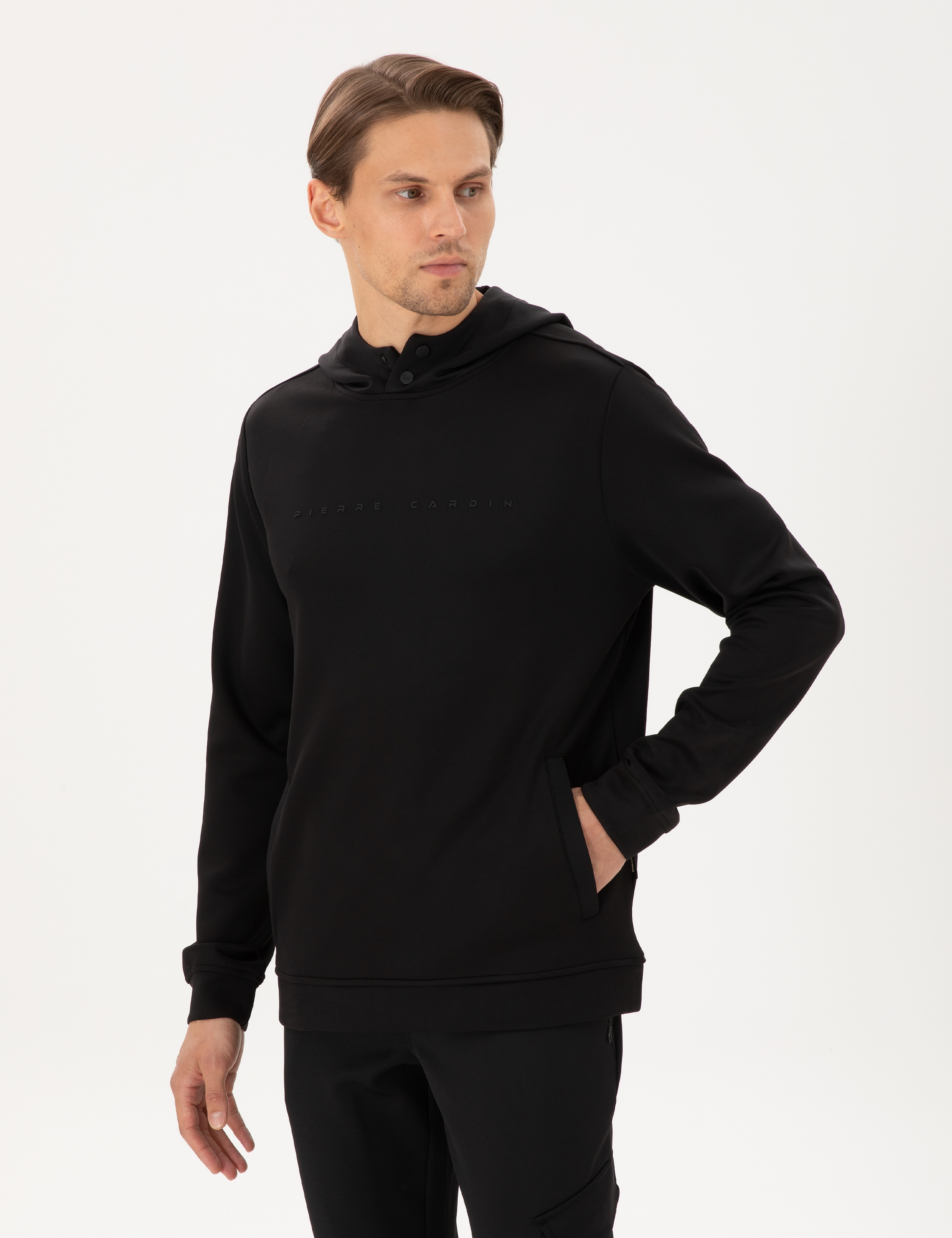 Siyah Regular Fit Scuba Kumaş Kapüşonlu Sweatshirt - Image 1
