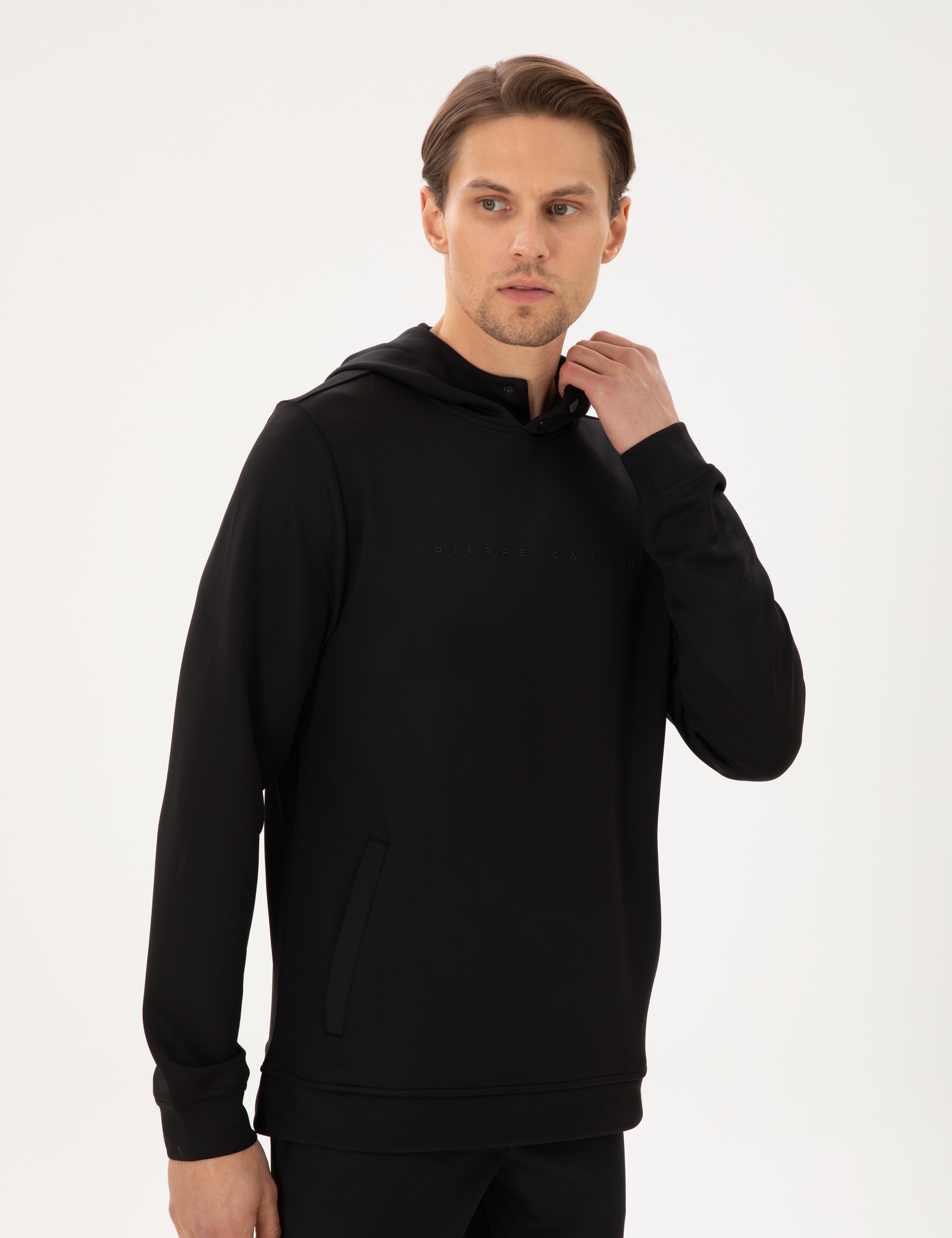 Siyah Regular Fit Scuba Kumaş Kapüşonlu Sweatshirt - Image 3