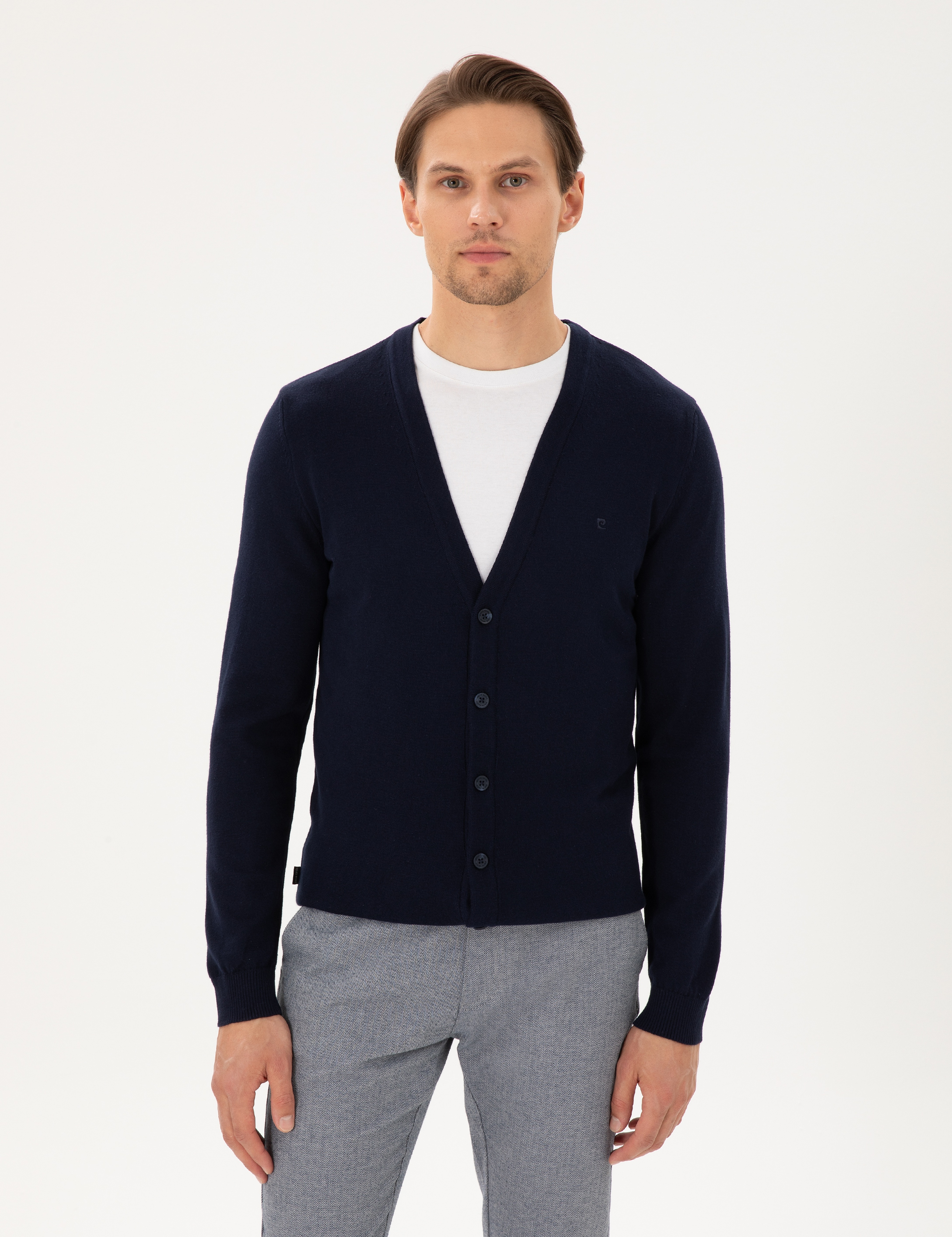 Lacivert Slim Fit Basic Düğmeli Triko Hırka - Image 1