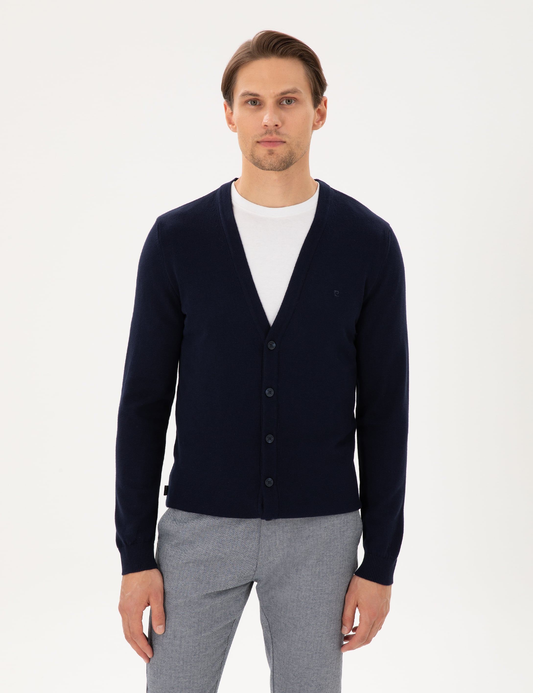 Lacivert Slim Fit Basic Düğmeli Triko Hırka