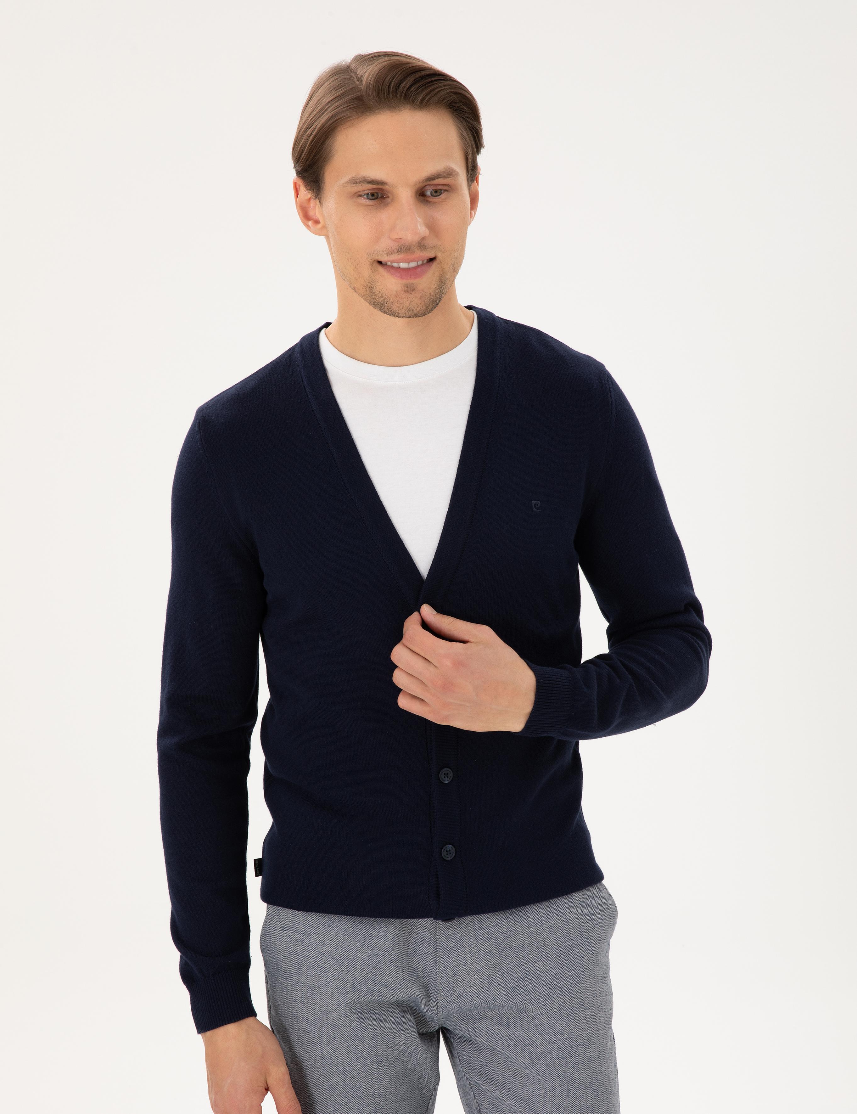 Lacivert Slim Fit Basic Düğmeli Triko Hırka