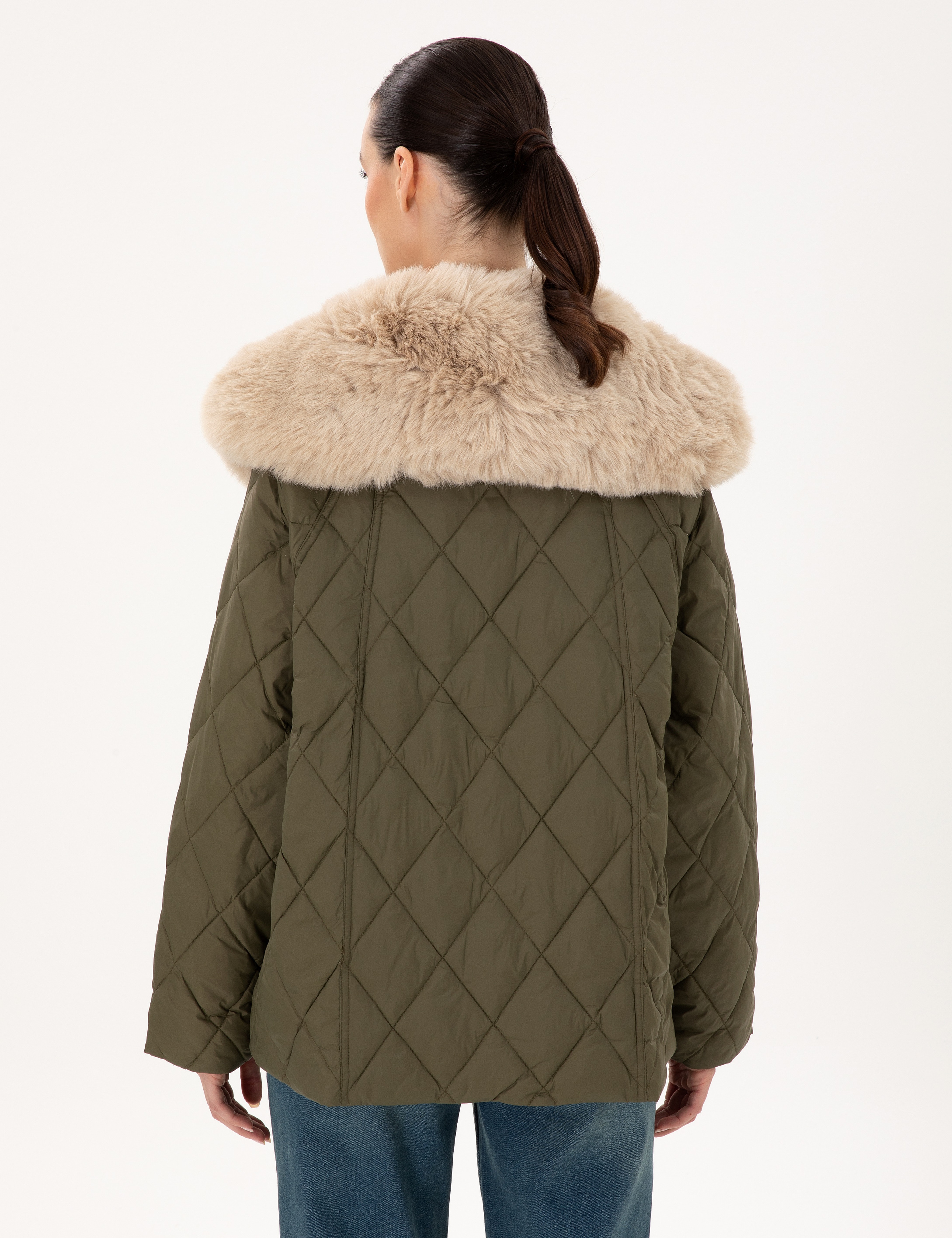 Haki Regular Fit Kürk Yaka Mont - Image 5