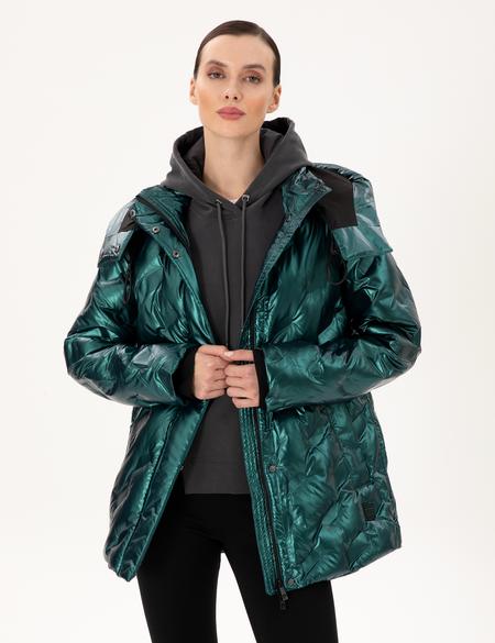 Zümrüt Kapüşonlu Parlak Mont - 50290344040