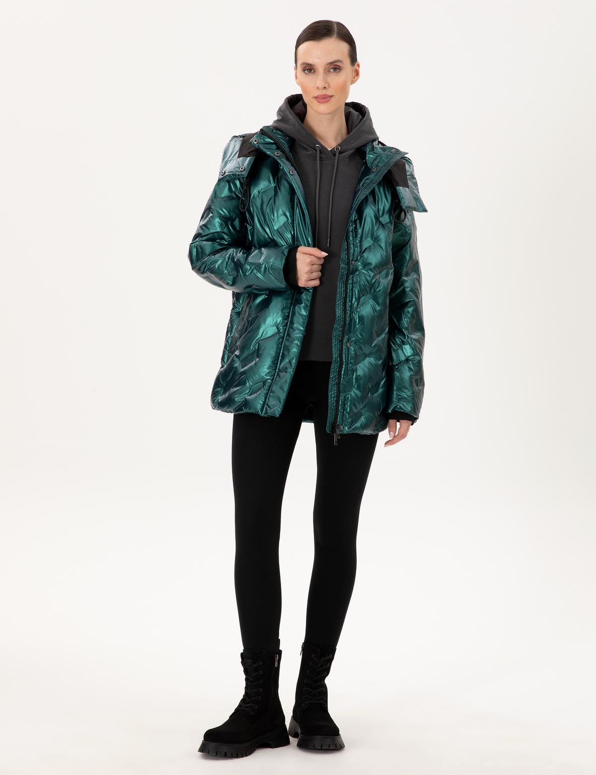 Zümrüt Kapüşonlu Parlak Mont - 50290344040