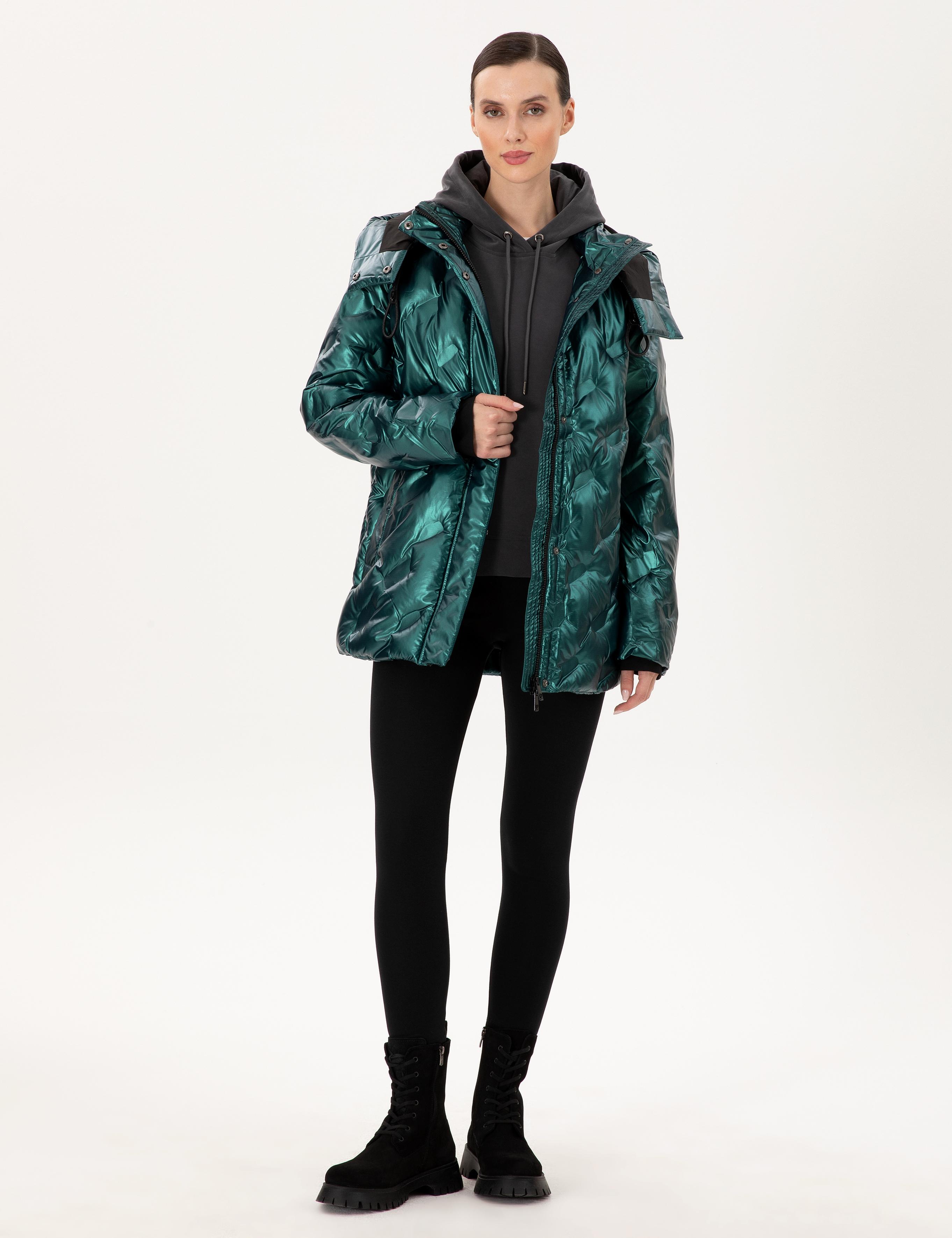 Zümrüt Kapüşonlu Parlak Mont