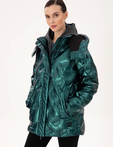 Zümrüt Kapüşonlu Parlak Mont