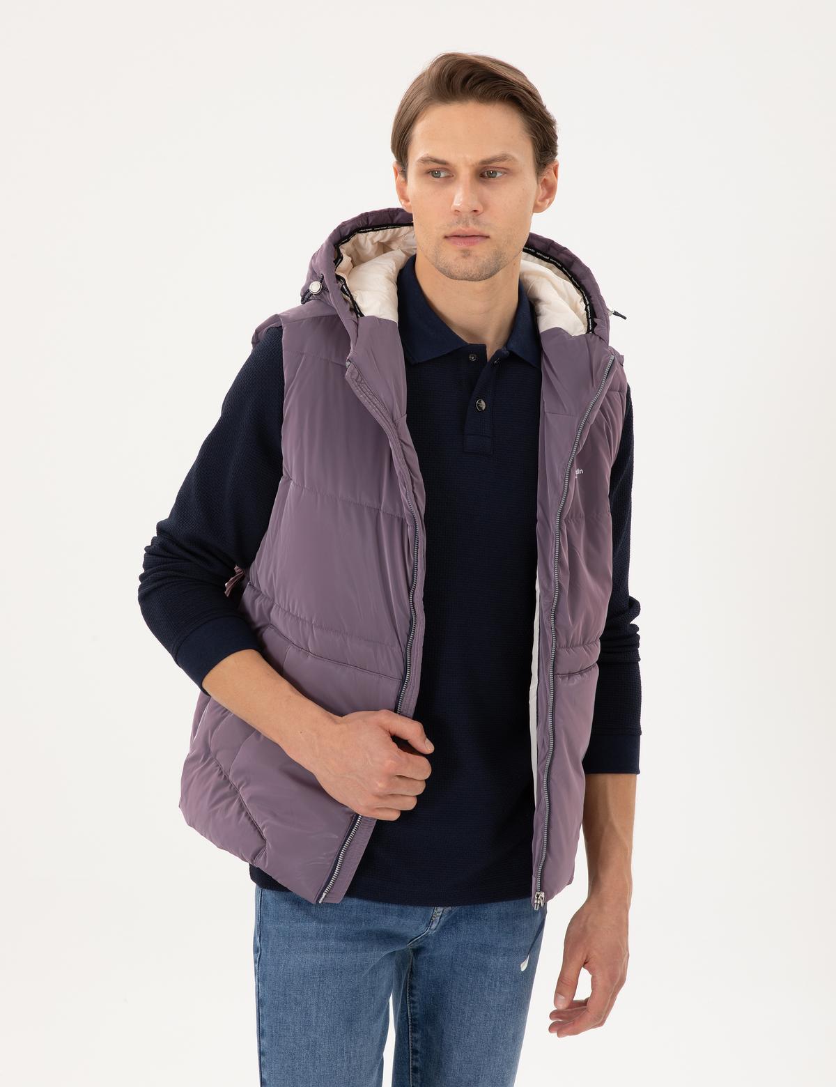 Mor Kapüşonlu Şişme Sıcak Tutan Yelek