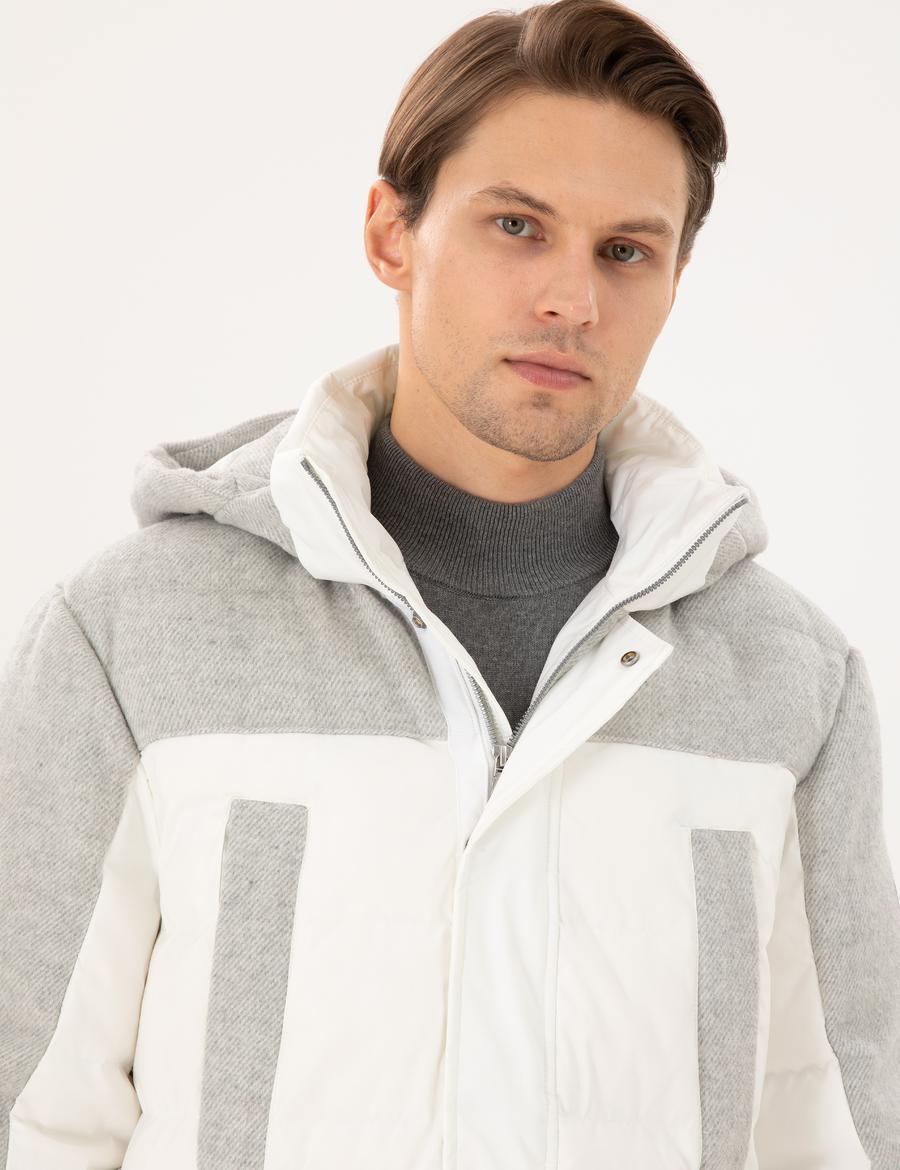 Gri Kapüşonlu Kaz Tüyü Sıcak Tutan Şişme Mont