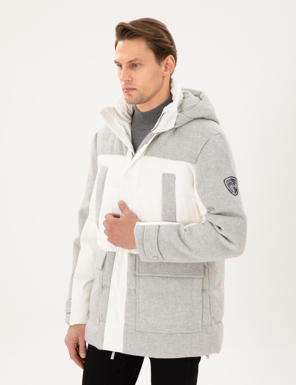 Gri Kapüşonlu Kaz Tüyü Sıcak Tutan Şişme Mont - 50291016044