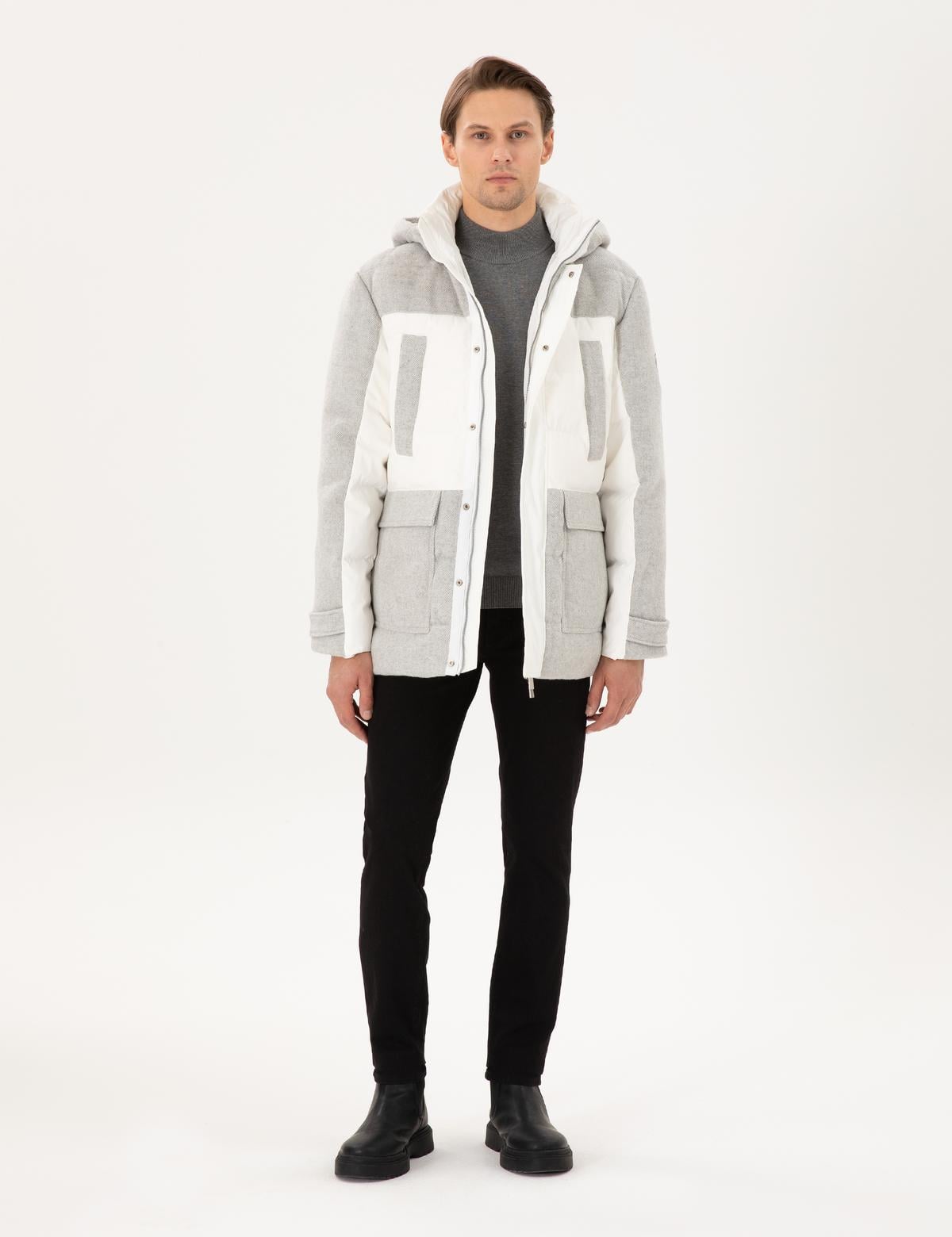 Gri Kapüşonlu Kaz Tüyü Sıcak Tutan Şişme Mont - 50291016044