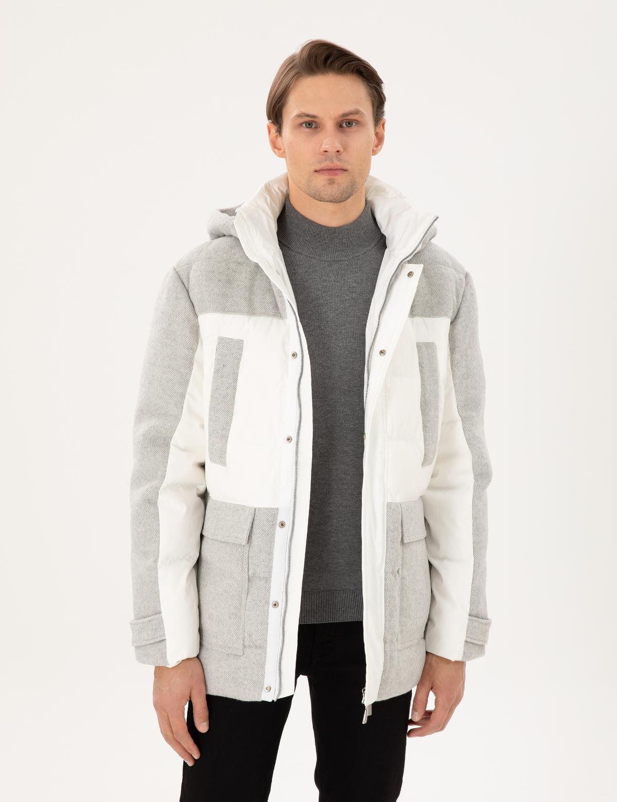 Gri Kapüşonlu Kaz Tüyü Sıcak Tutan Şişme Mont