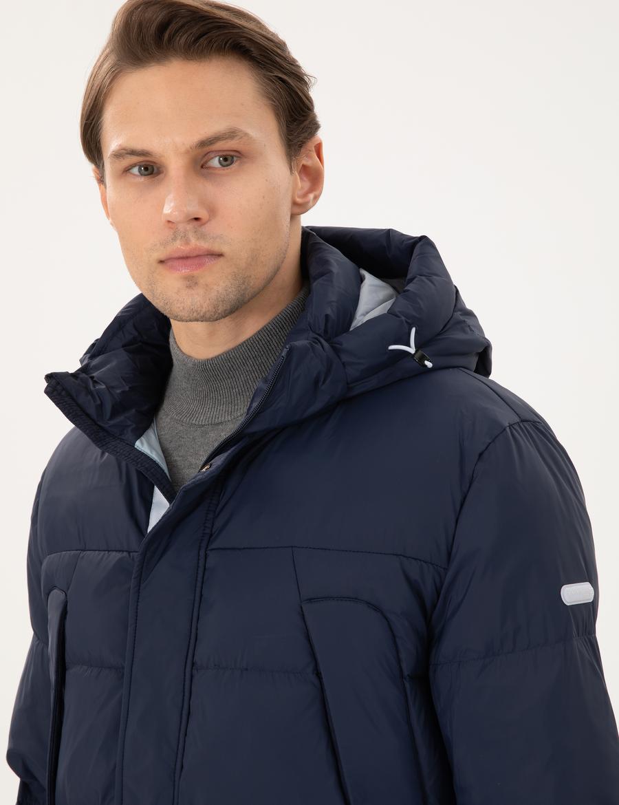 Lacivert Kapüşonlu Şişme Kaban