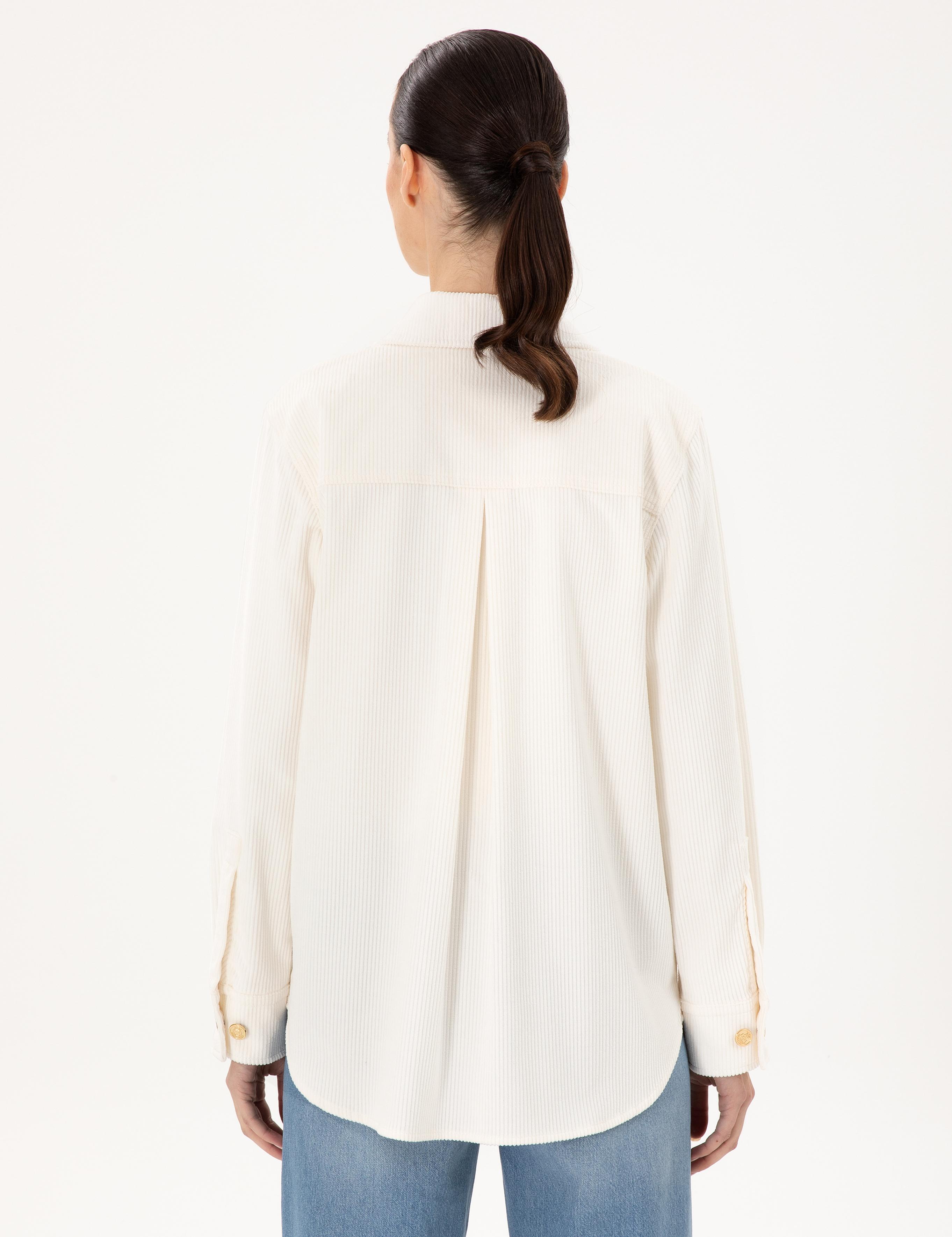 Ekru Kadife Görünümlü Comfort Fit Uzun Kollu Gömlek