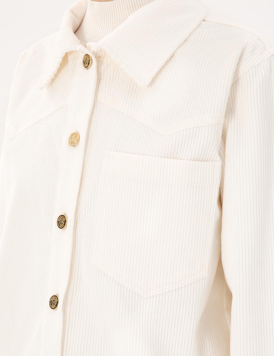 Ekru Kadife Görünümlü Comfort Fit Uzun Kollu Gömlek