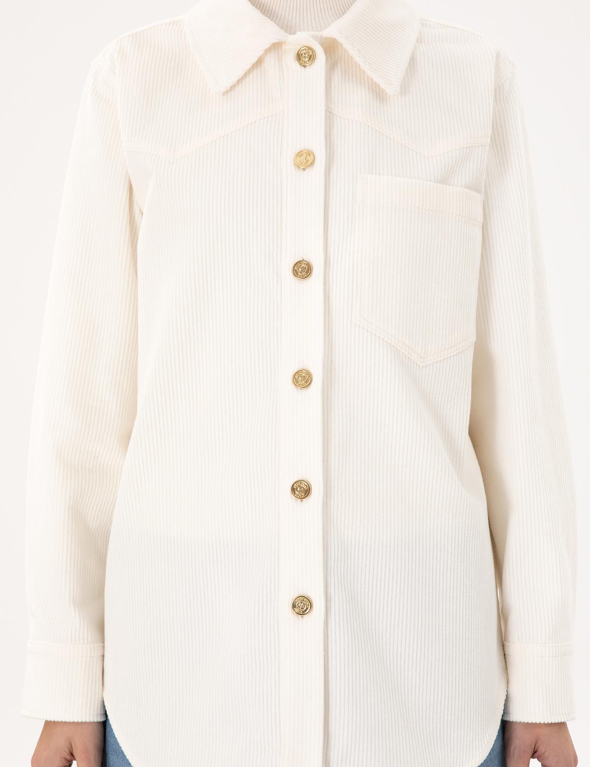 Ekru Kadife Görünümlü Comfort Fit Uzun Kollu Gömlek - 50296196005