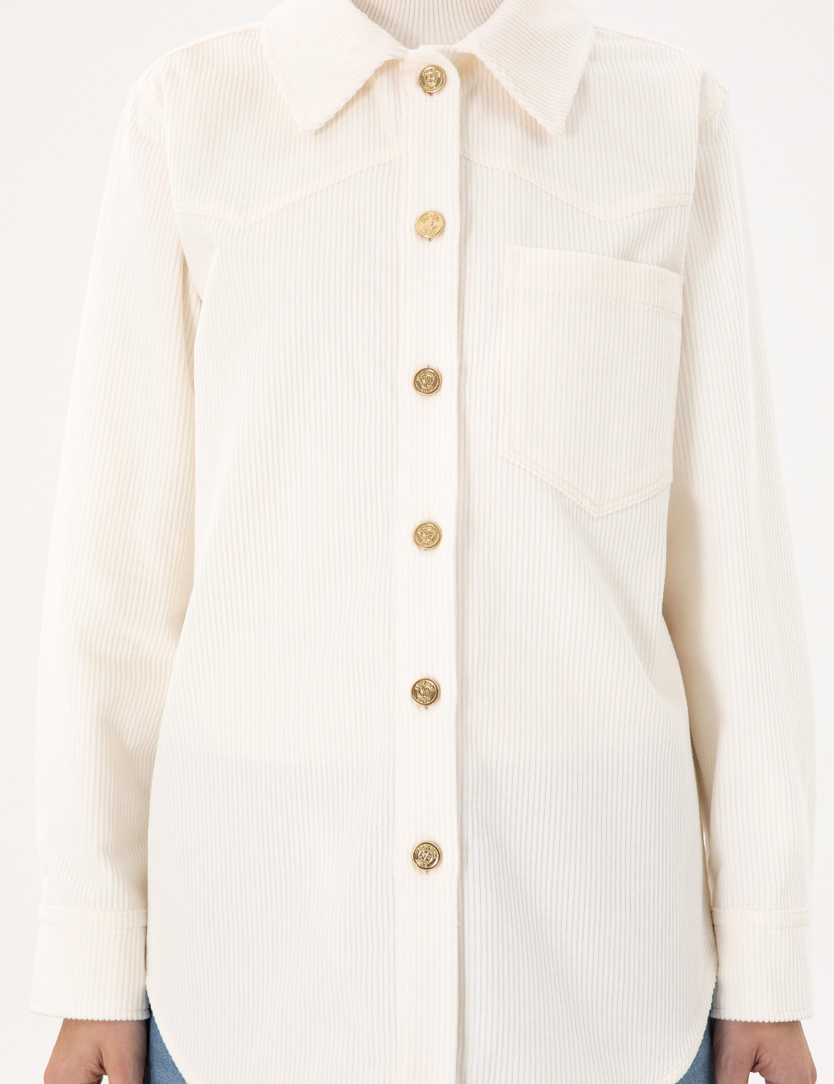 Ekru Kadife Görünümlü Comfort Fit Uzun Kollu Gömlek