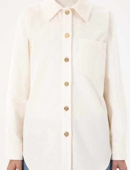 Ekru Kadife Görünümlü Comfort Fit Uzun Kollu Gömlek - 50296196005