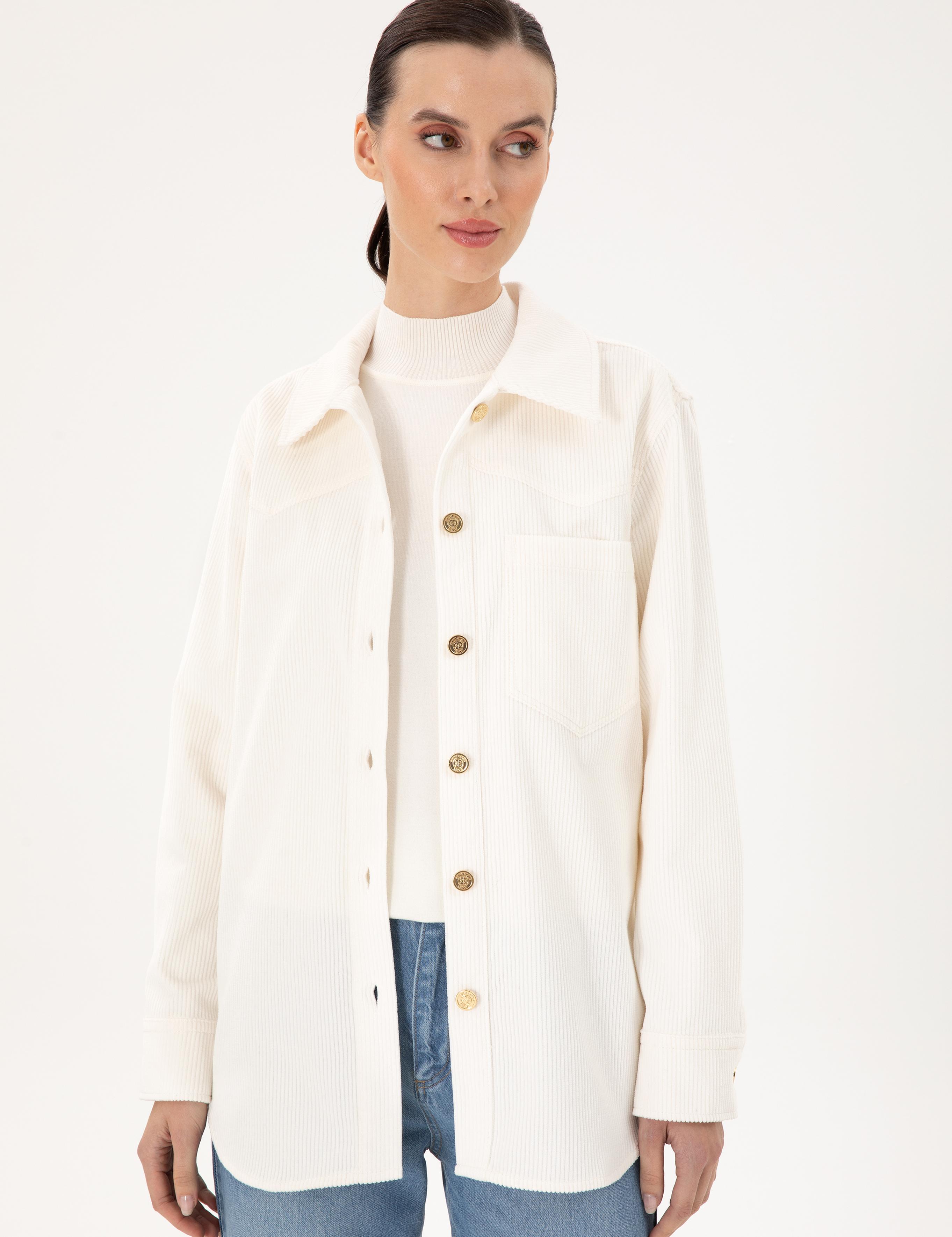 Ekru Kadife Görünümlü Comfort Fit Uzun Kollu Gömlek