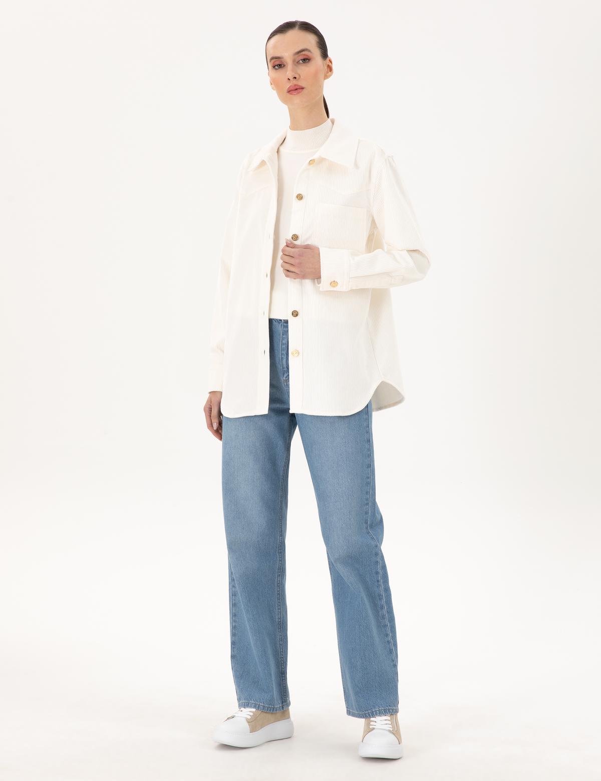 Ekru Kadife Görünümlü Comfort Fit Uzun Kollu Gömlek - 50296196005