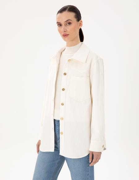 Ekru Kadife Görünümlü Comfort Fit Uzun Kollu Gömlek - 50296196005