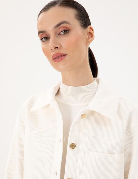 Ekru Kadife Görünümlü Comfort Fit Uzun Kollu Gömlek - 50296196005