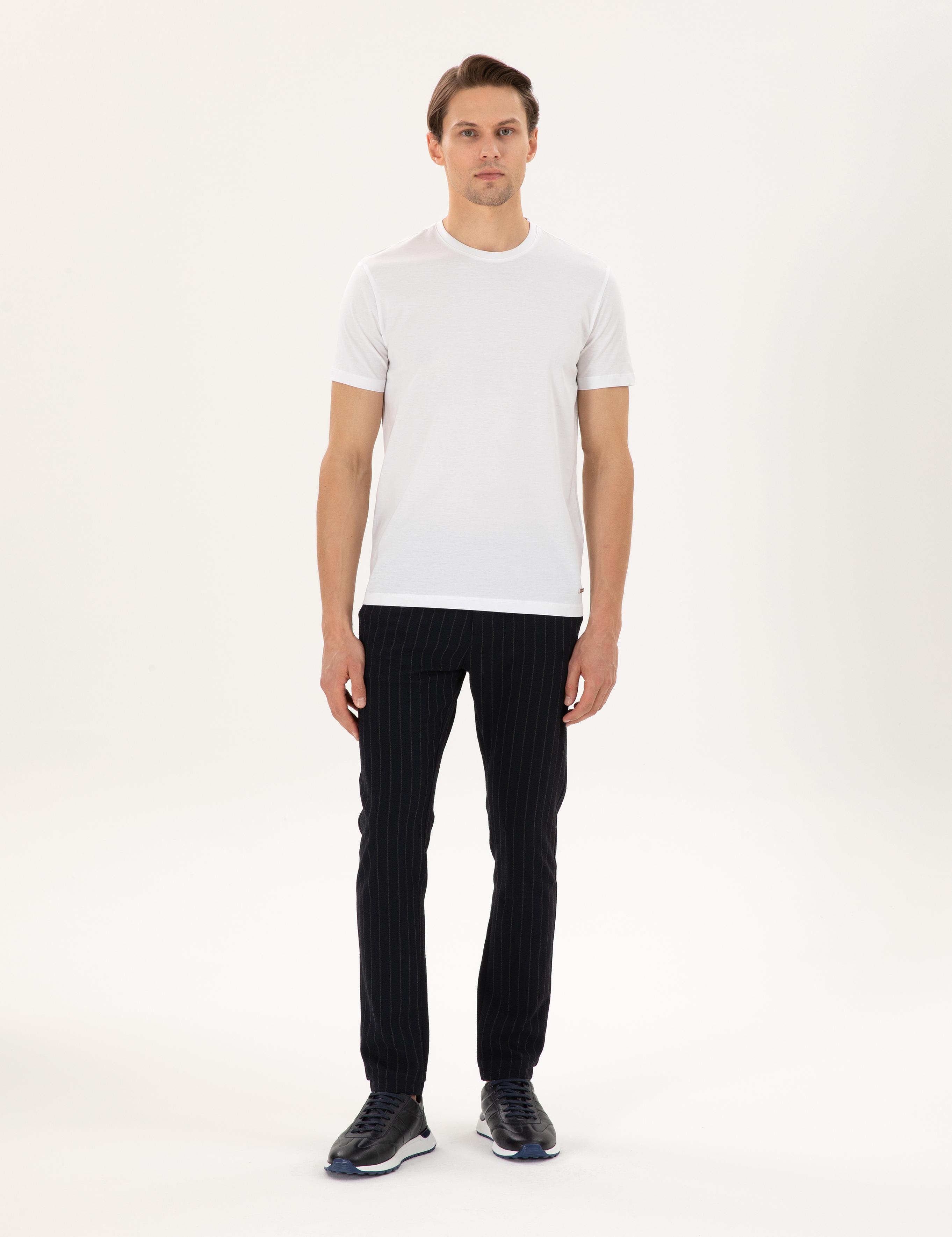 Lacivert Slim Fit Çizgili Kanvas Pantolon