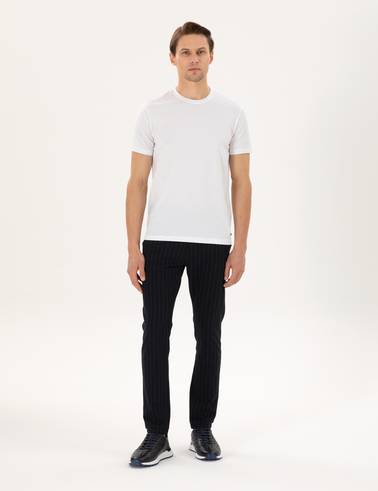 Lacivert Slim Fit Çizgili Kanvas Pantolon