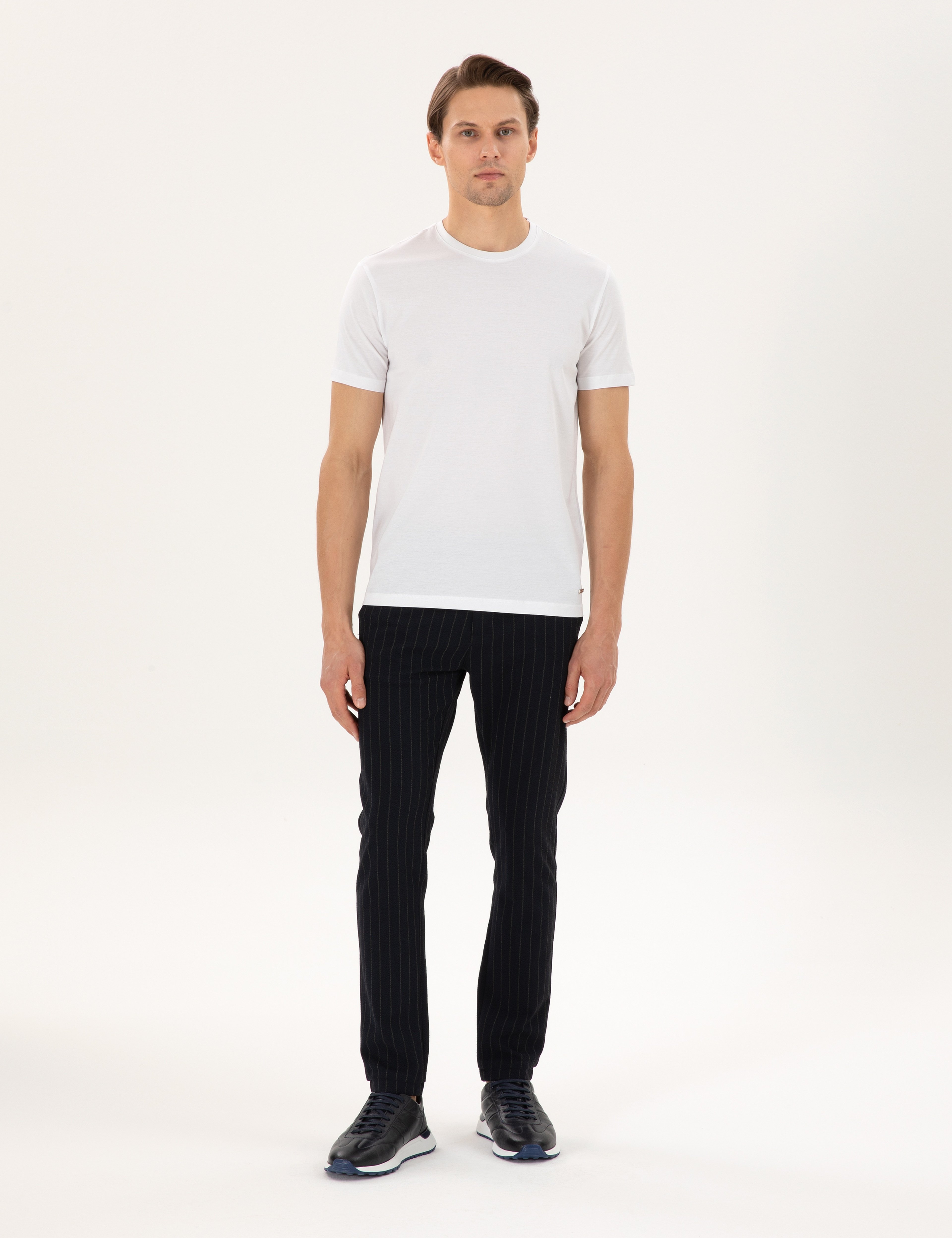 Lacivert Slim Fit Çizgili Kanvas Pantolon - Image 3