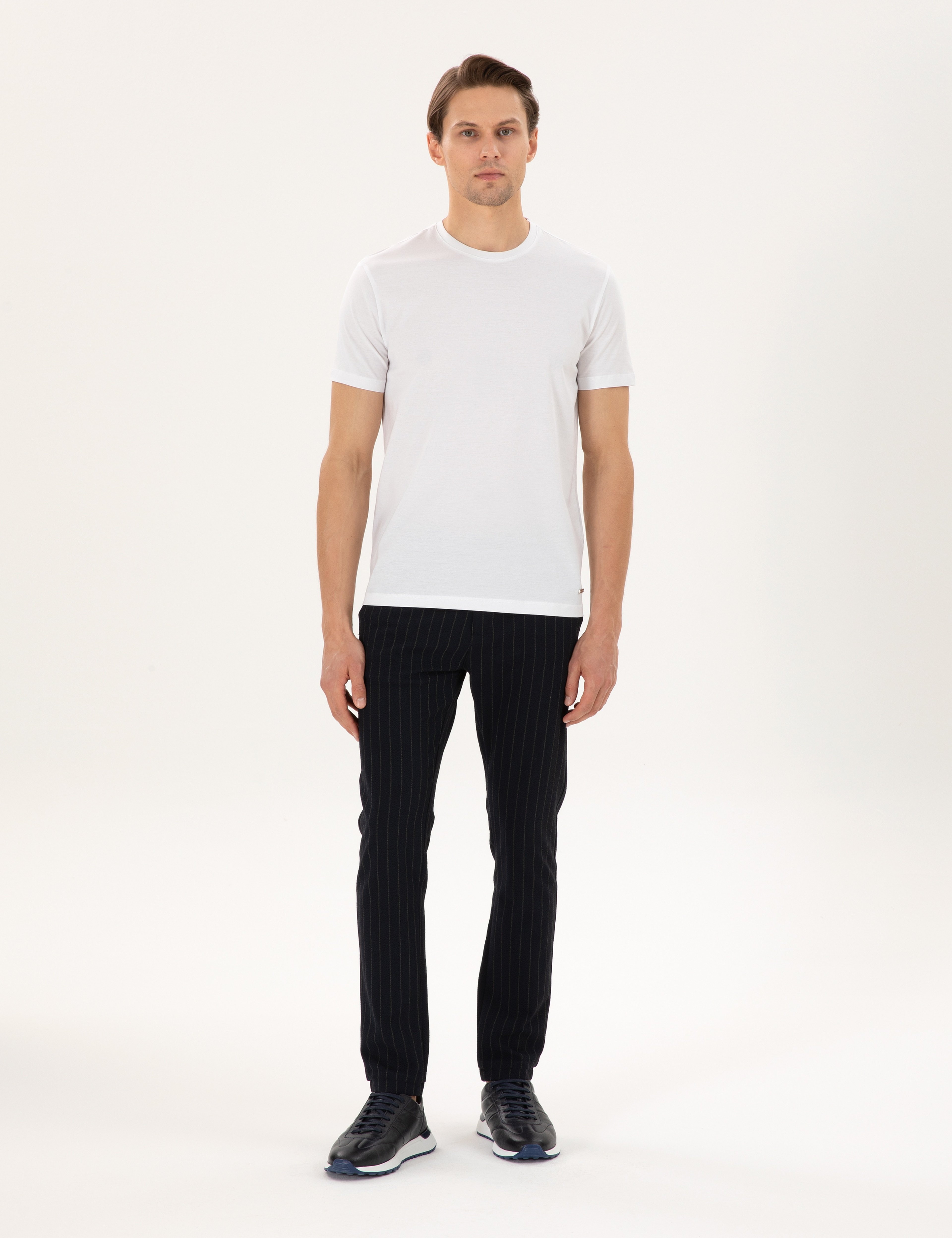 Lacivert Slim Fit Çizgili Kanvas Pantolon