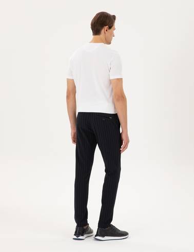 Lacivert Slim Fit Çizgili Kanvas Pantolon