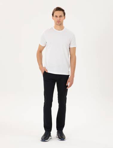 Lacivert Slim Fit Çizgili Kanvas Pantolon